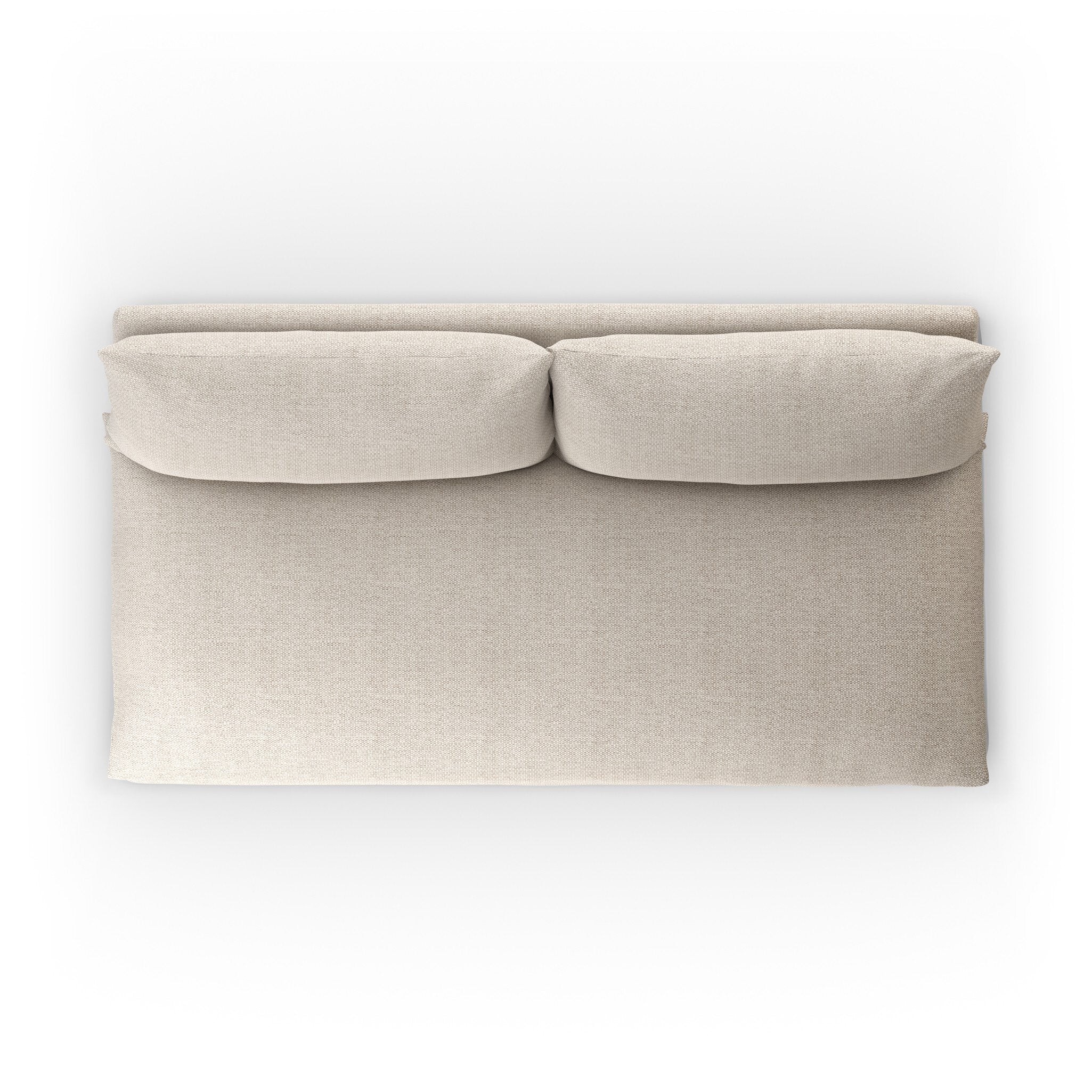 Overhead view of a beige slipcover outdoor sofa on a white background.