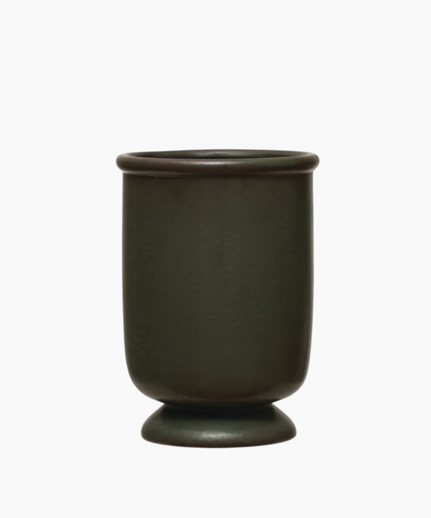 A matte dark green stoneware vase with a smooth cylindrical shape, flared rim, and small round base, evoking a minimalist and modern feel.