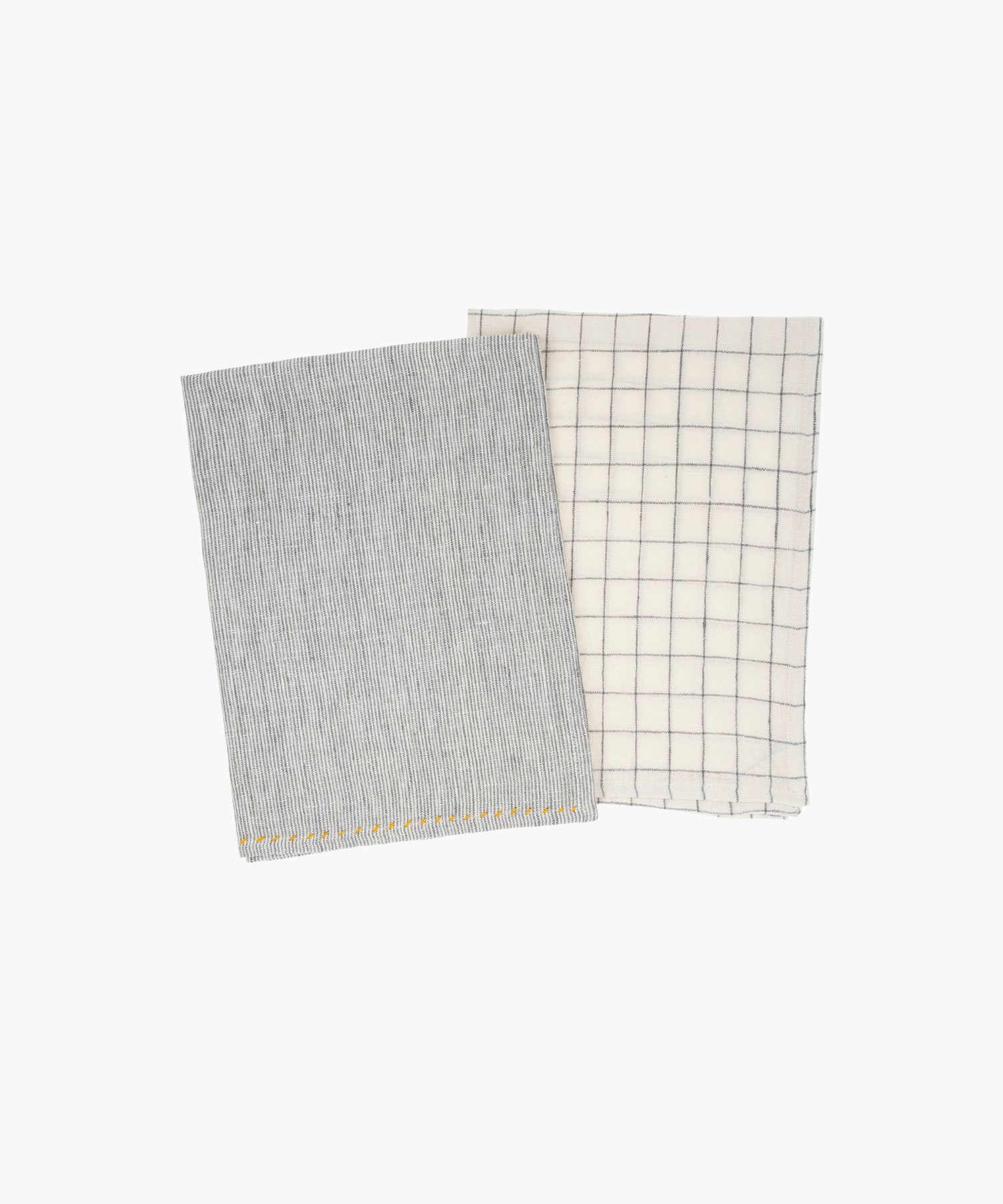 Two folded linen kitchen tea towels: one grey with subtle stripes, and the other white with a blue grid pattern. Simple and tidy appearance.