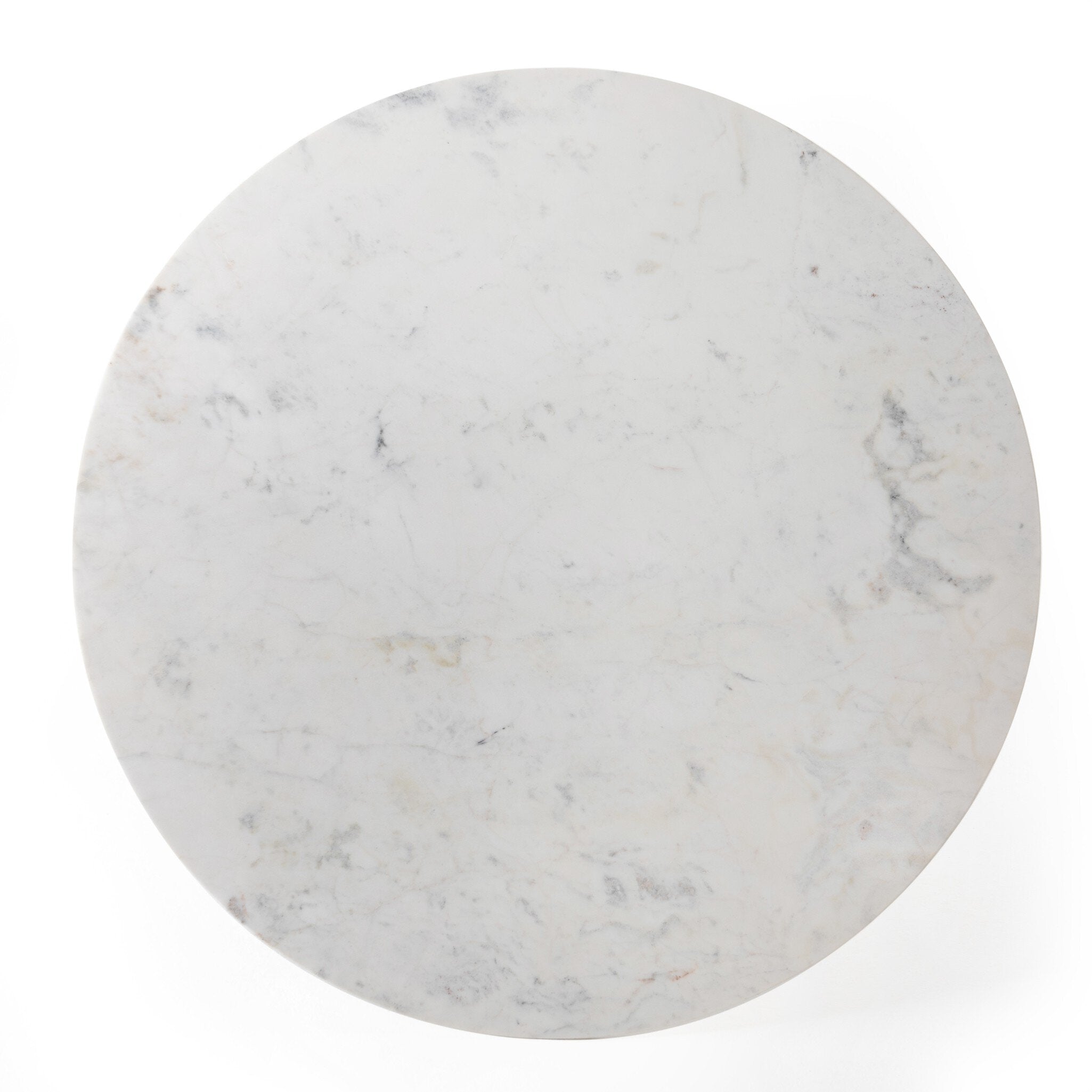 Overhead view of a round bistro table with marble top and bronze base on a white background.