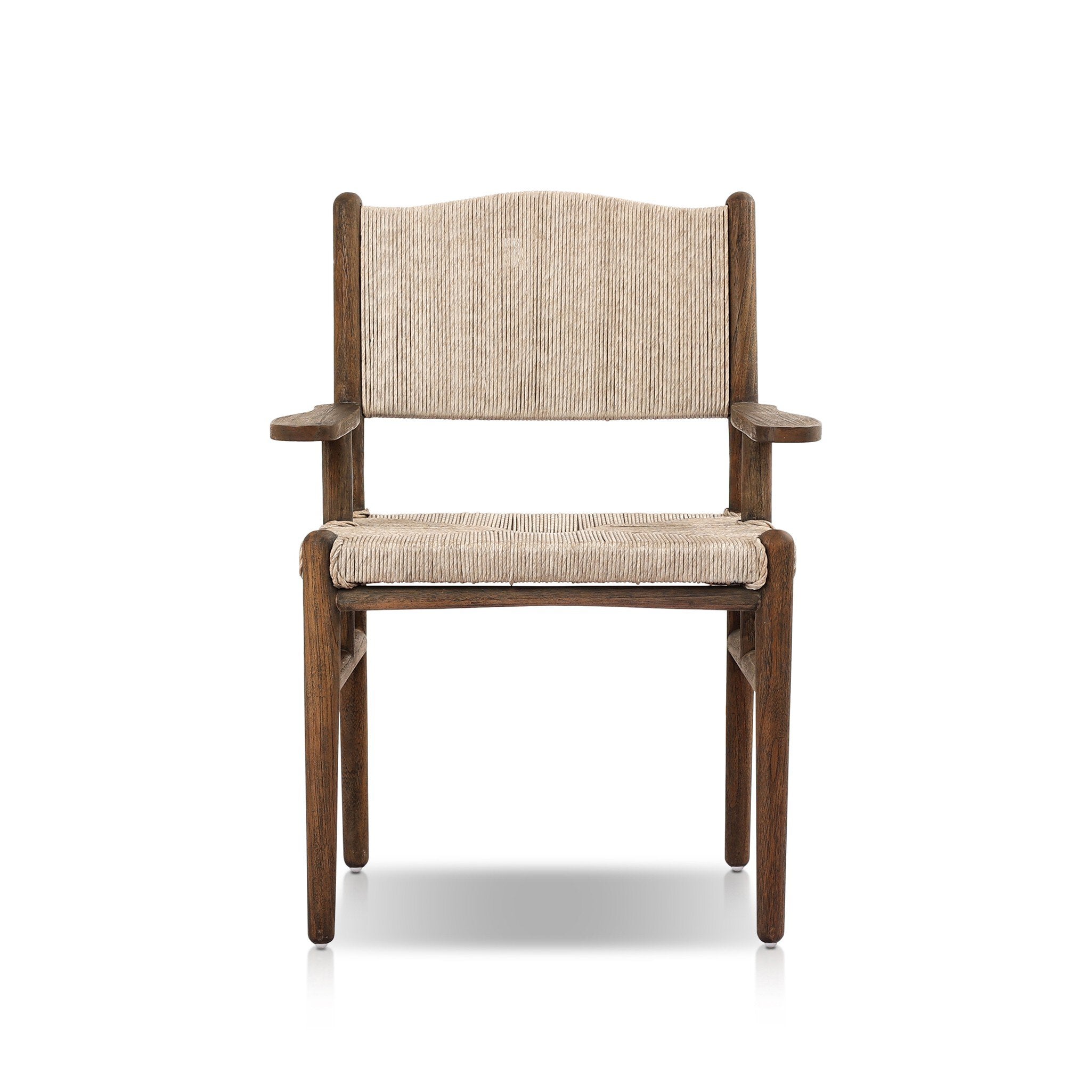 Shaker style outdoor dining armchair with a dark brown wood frame and light brown woven seat and back on a white background. 