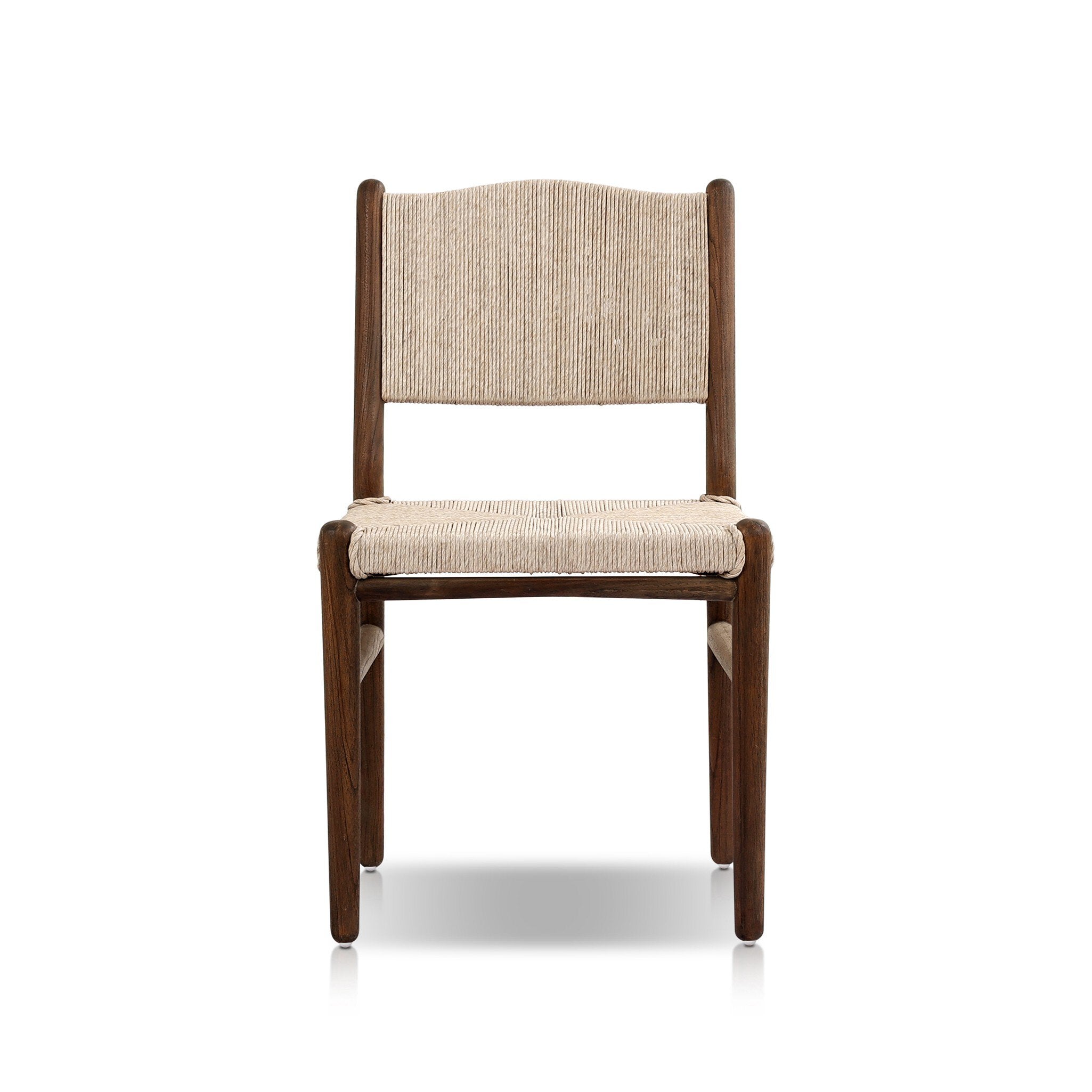 Shaker style outdoor dining chair with a dark brown wood frame and light brown woven seat and back on a white background. 