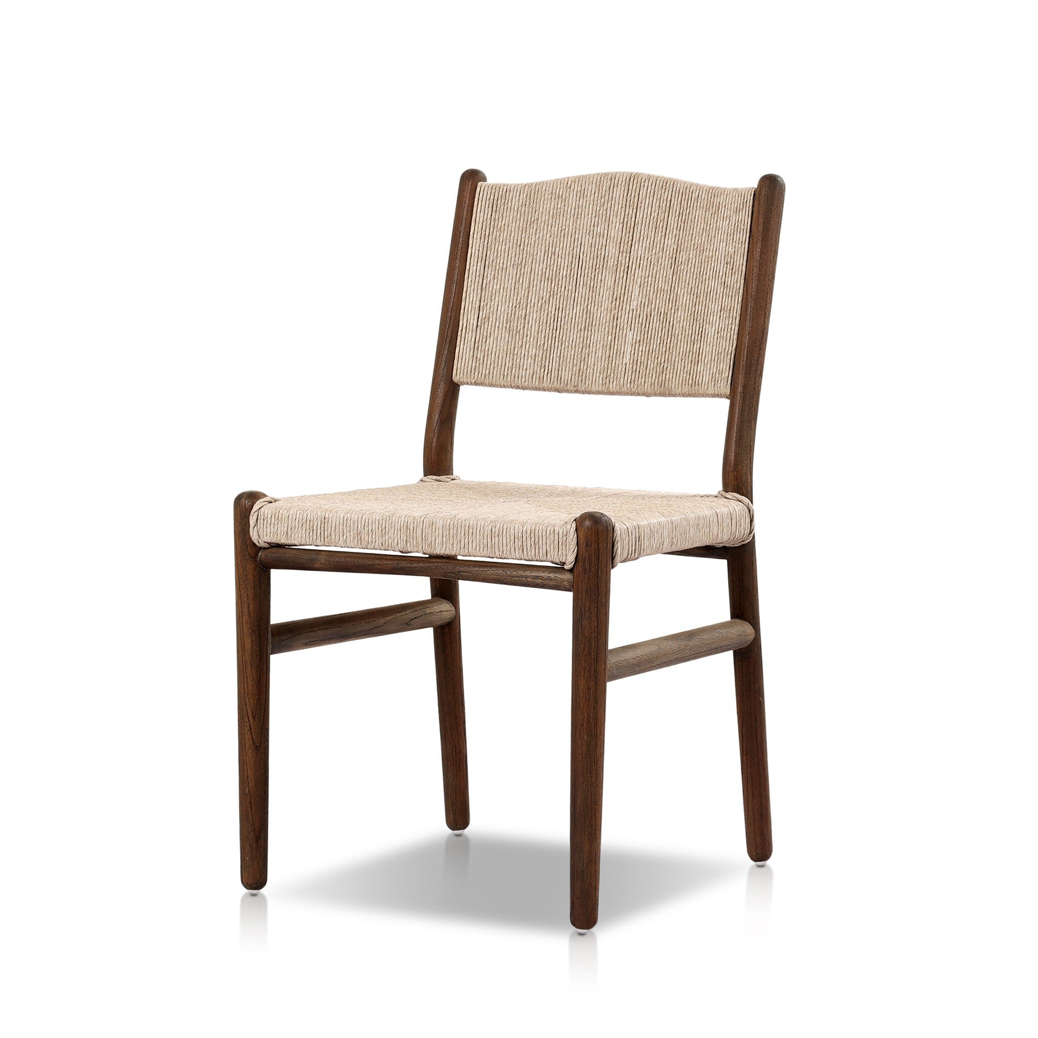 Shaker style outdoor dining chair with a dark brown wood frame and light brown woven seat and back on a white background. 