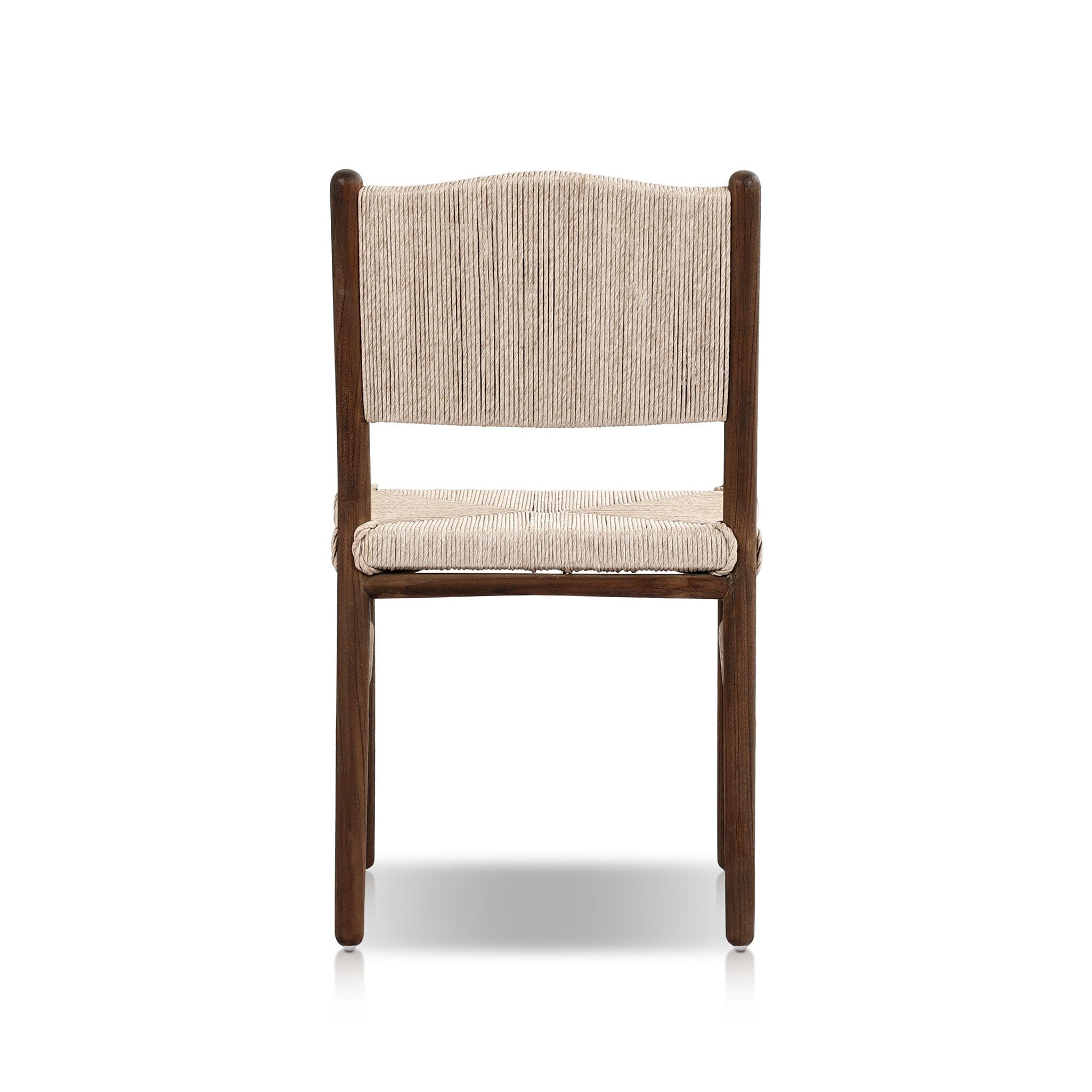 The back view of a shaker style outdoor dining chair with a dark brown wood frame and light brown woven seat and back on a white background. 