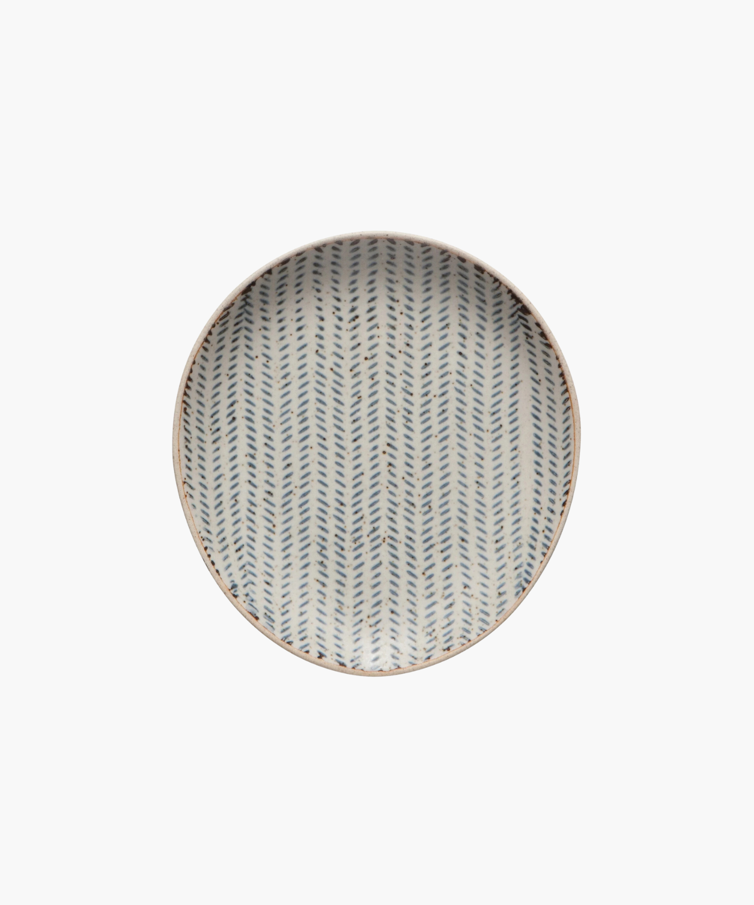 Round ceramic spoon rest with a diagonal blue herringbone pattern on a white background. The design is symmetrical, creating an elegant, minimalist look.
