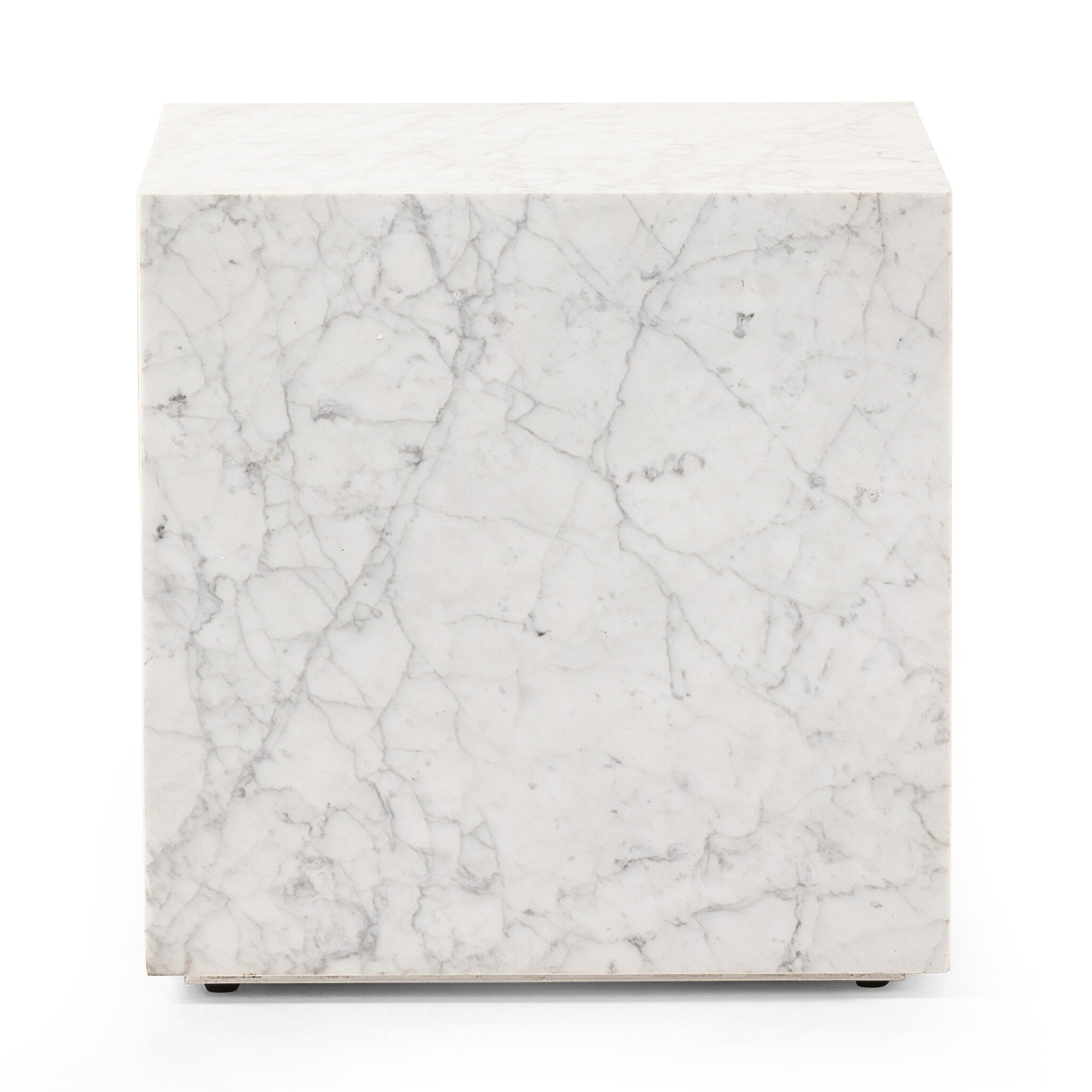 Carrara marble square end table on a white background.