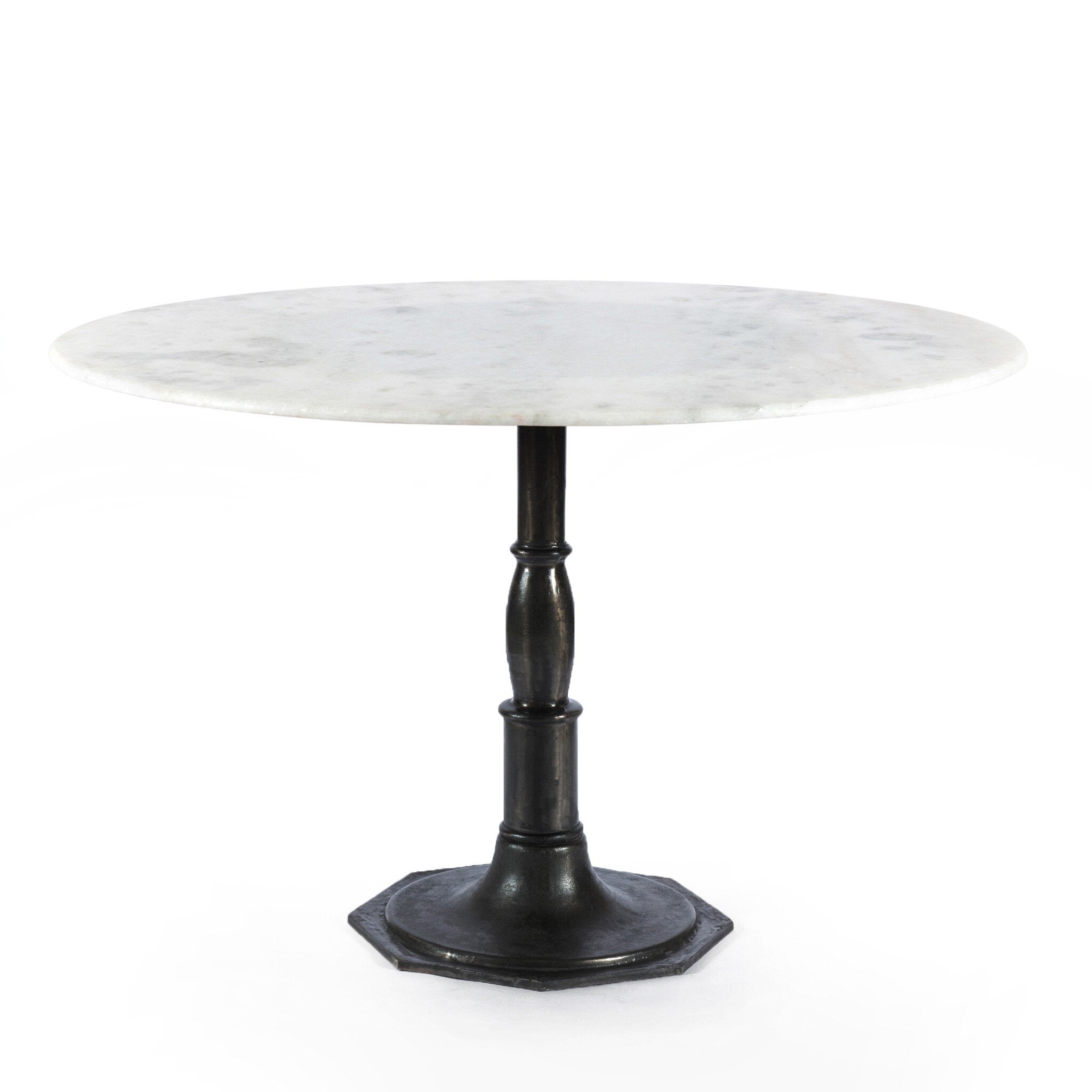 Round marble table with a black metal pedestal base on a white background.