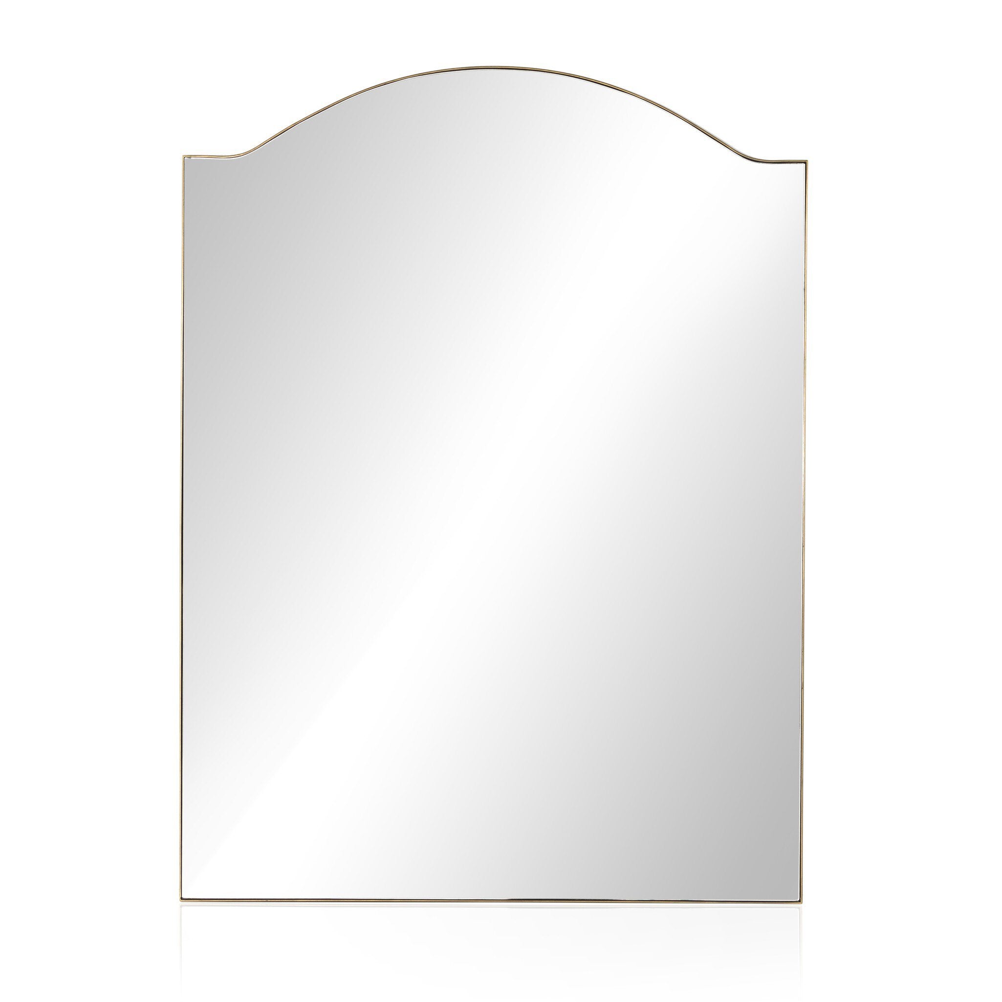 Rectangular floor length mirror with curved detail and a gold frame on a white background.