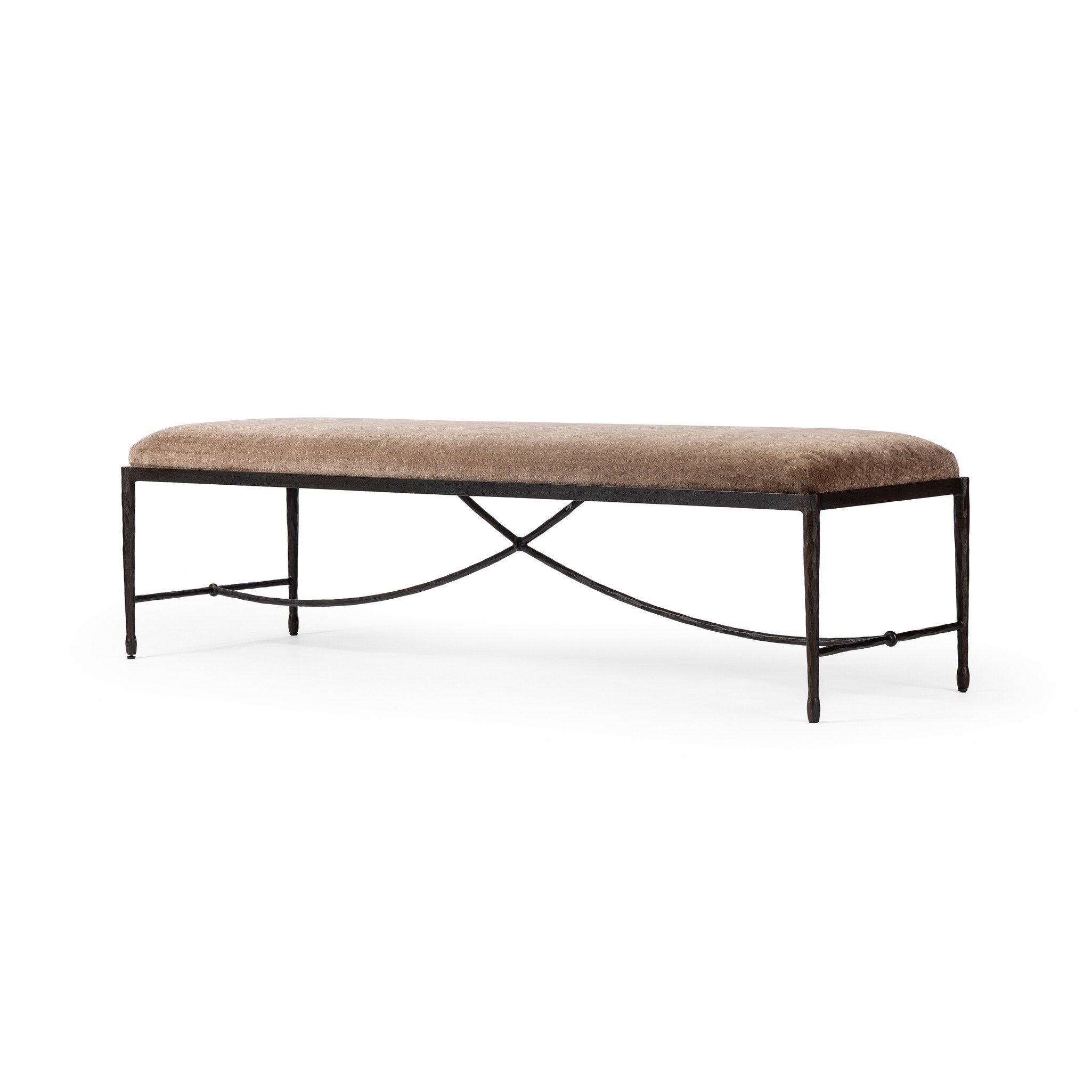 Brown upholstered bench with black metal frame on a white background