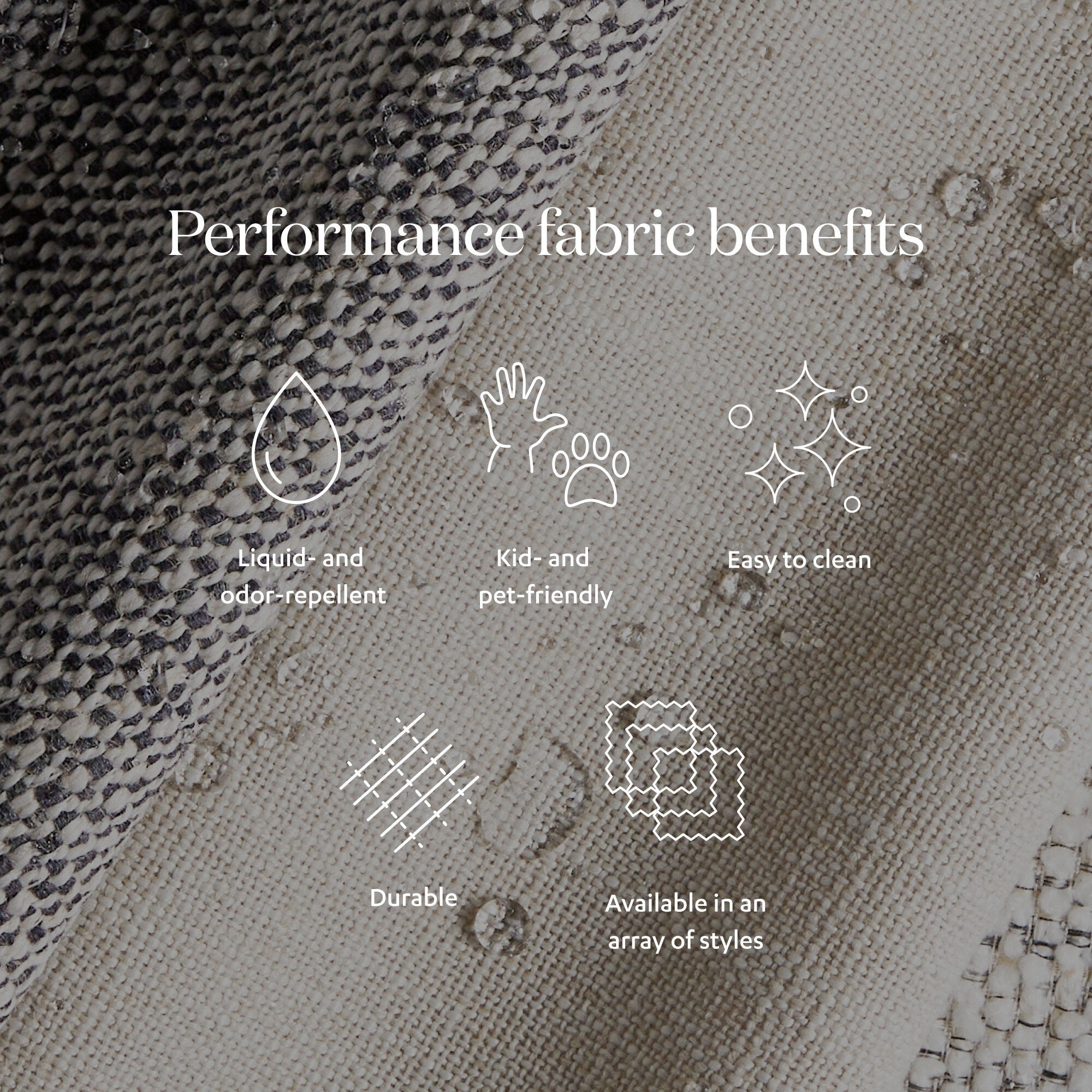 Textile with performance fabric benefits listed and fabric texture in the background
