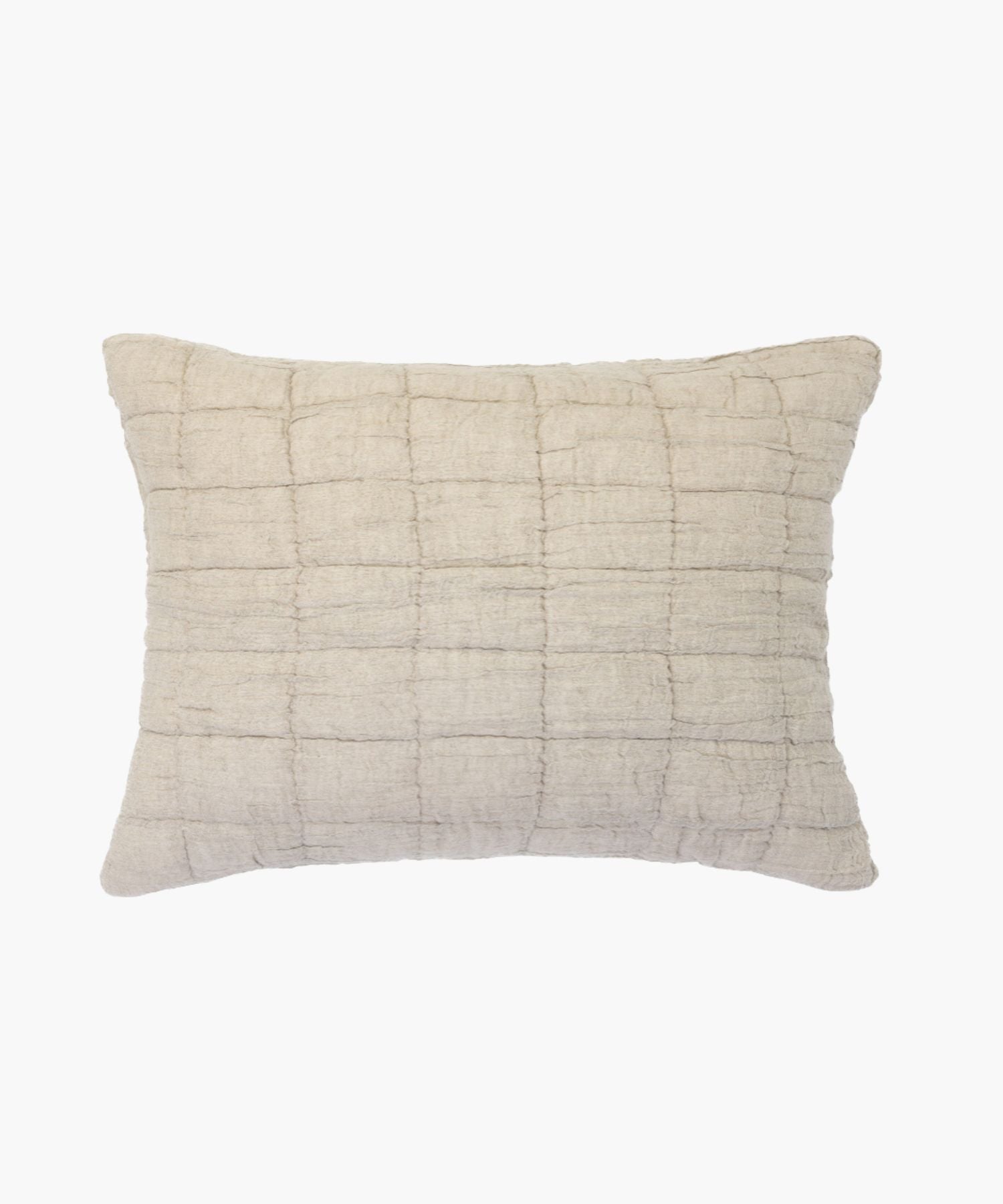 Rectangular beige cotton-linen sham with puckered gauzy texture and subtle block quilting.