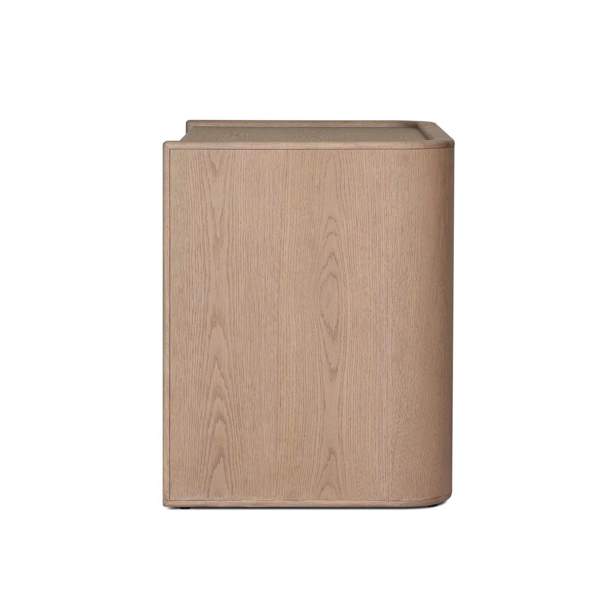 Side profile of a small cabinet style nightstand with two doors and split circle hardware on a white background.