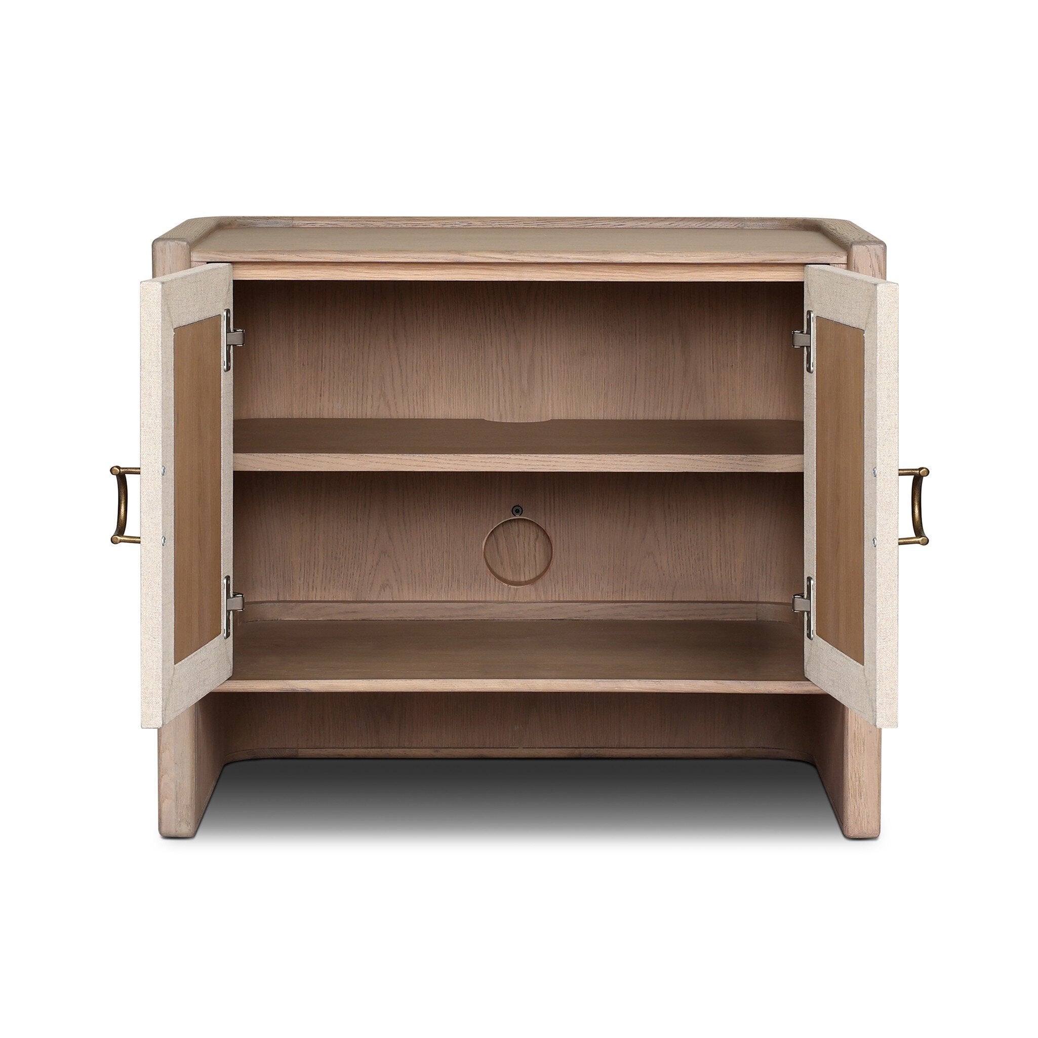 Small cabinet style nightstand with two doors and split circle hardware on a white background.