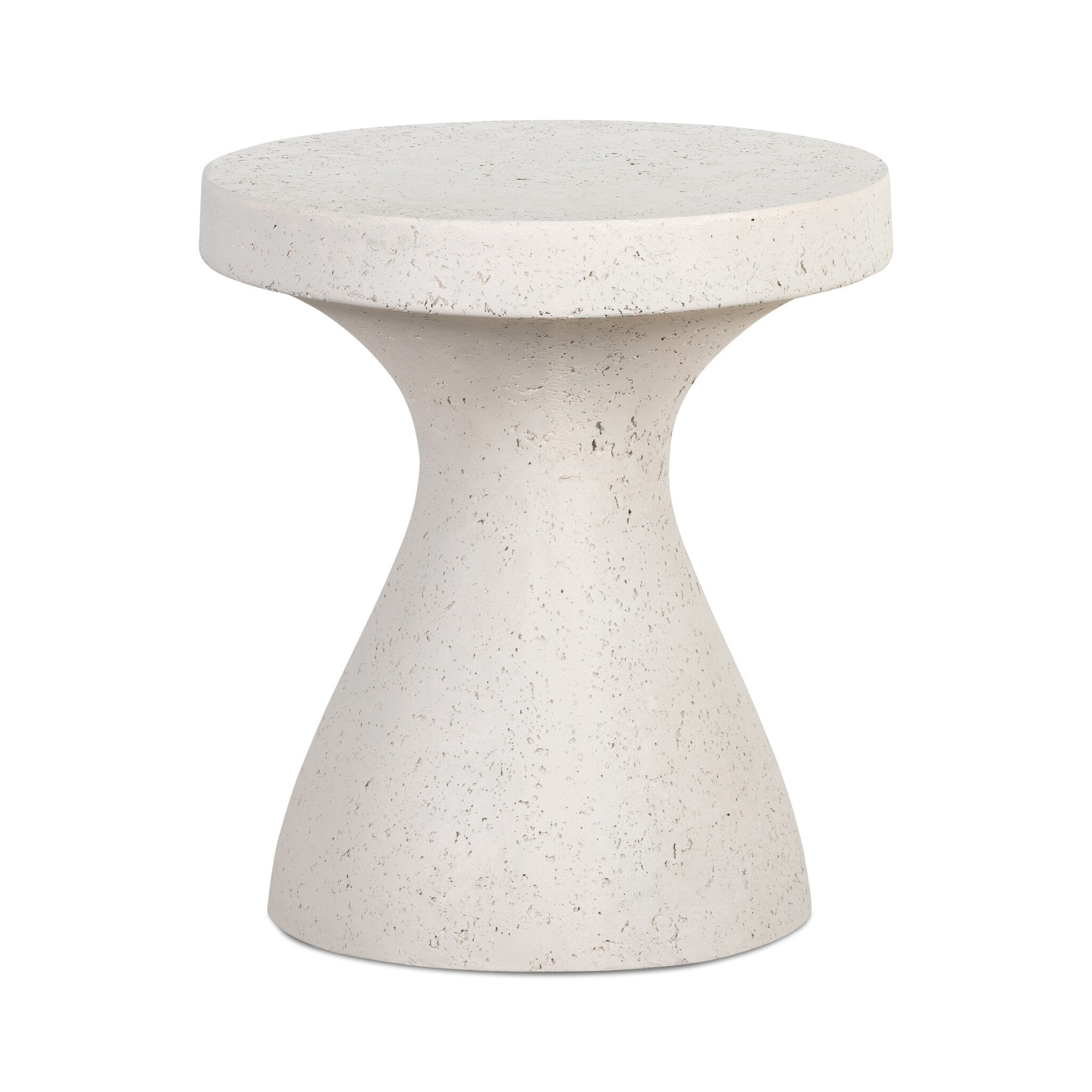 Concrete end table with a hourglass style base and a round top on a white background.