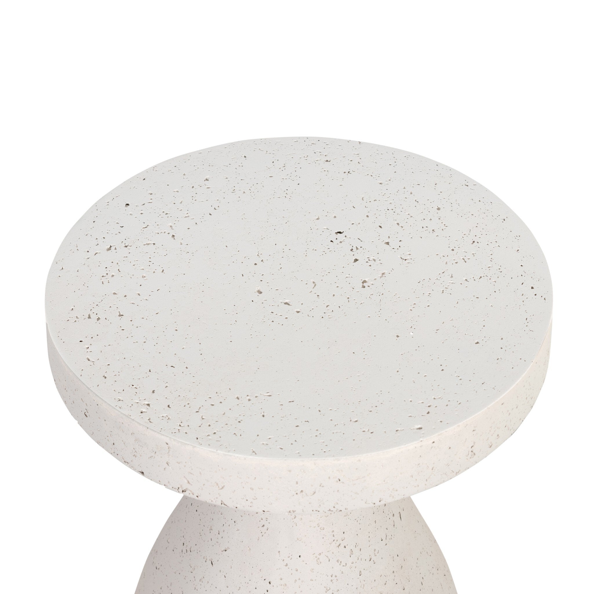 Close up of the concrete end table showing the round top. 