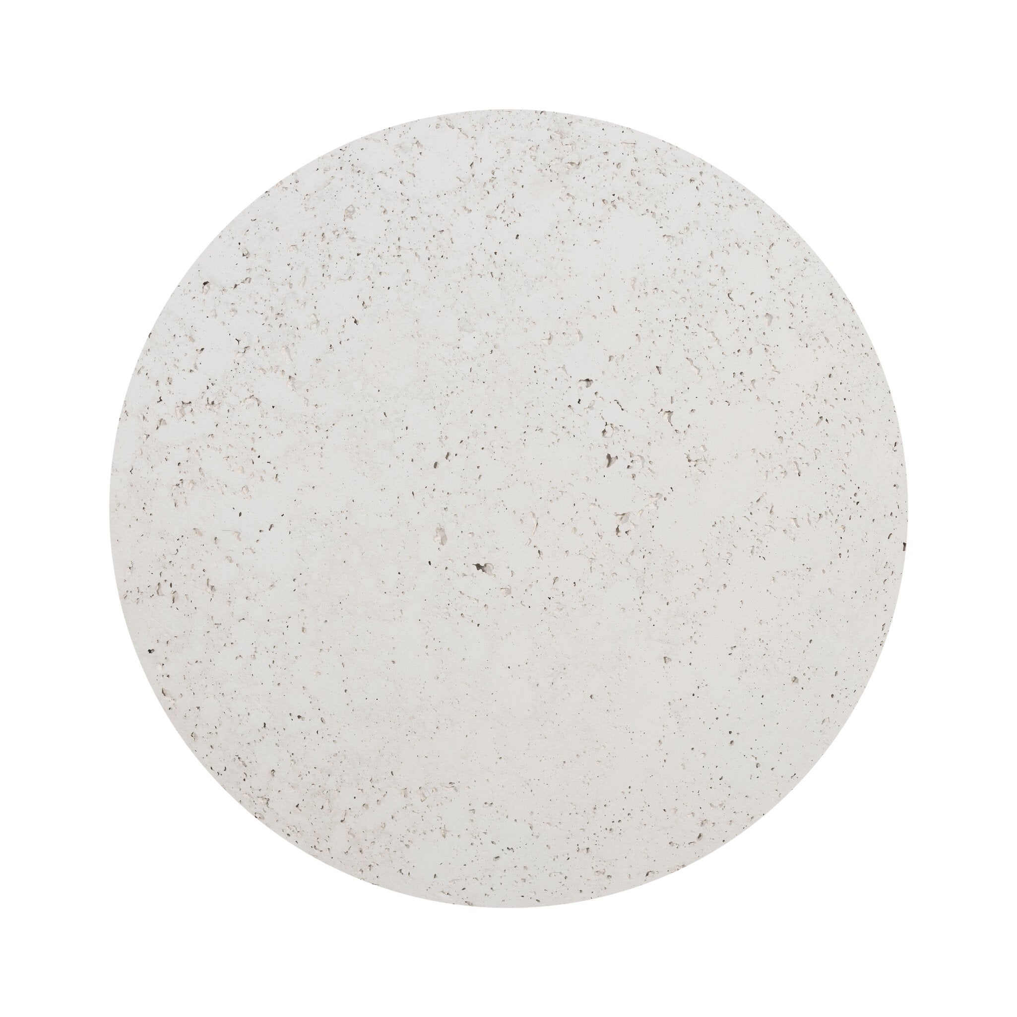 Overhead view of a concrete end table with a hourglass style base and a round top on a white background.