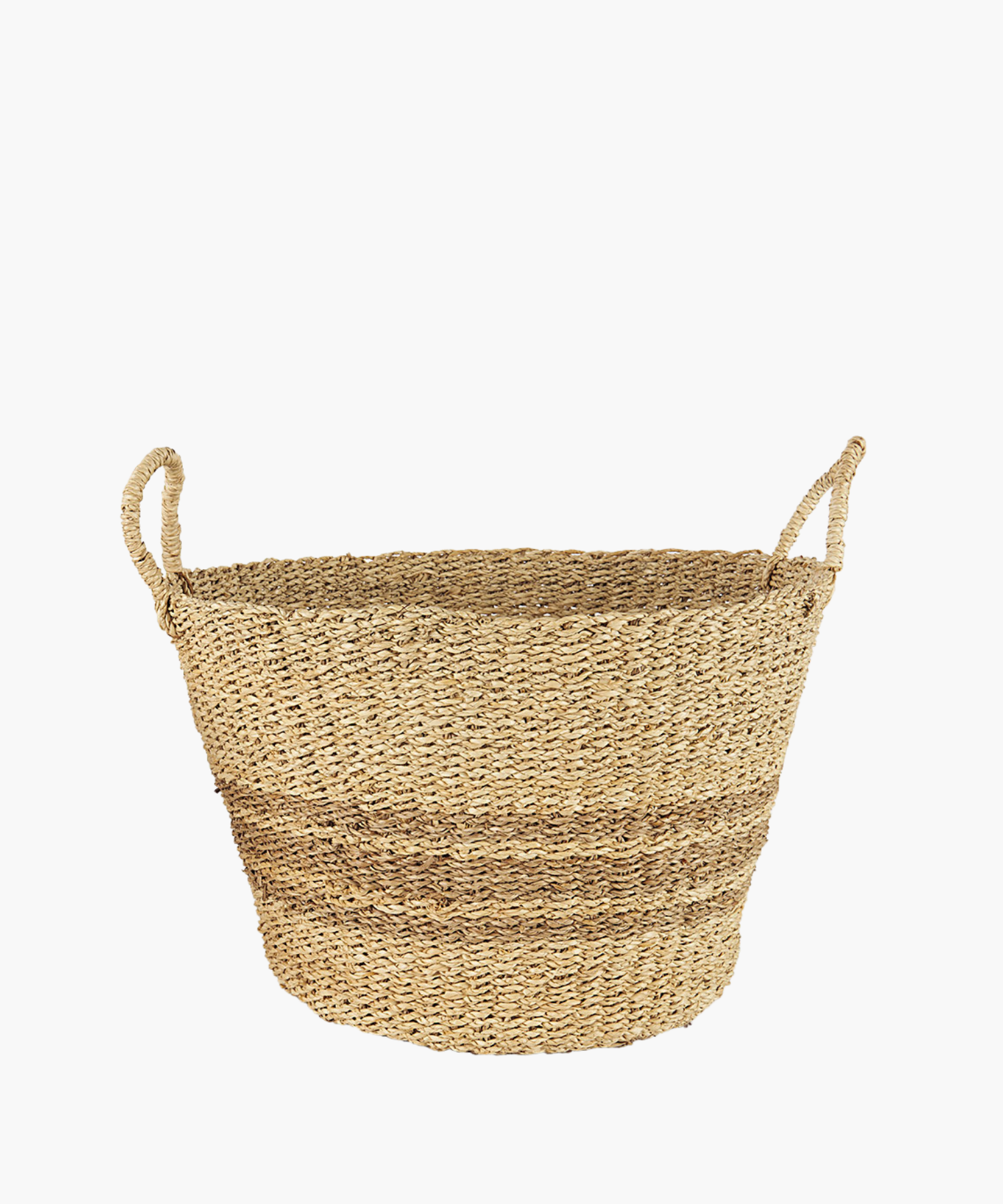 Large woven seagrass basket in a natural and brown tone with two loop handles and subtle striped accents The basket has a simple, rustic design, featuring a slightly flared rim. 