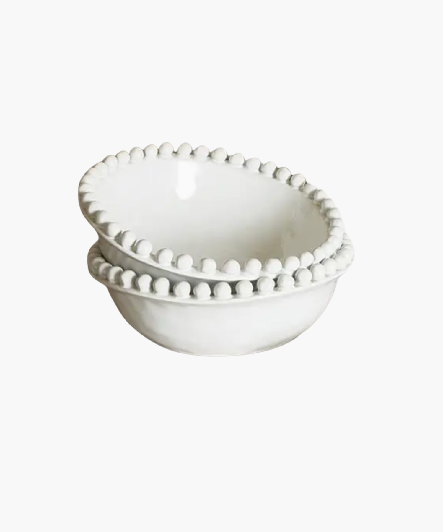 Two white ceramic bowls stacked, each with a raised dot pattern around the rim. The design is simple and elegant, conveying a clean, modern aesthetic.