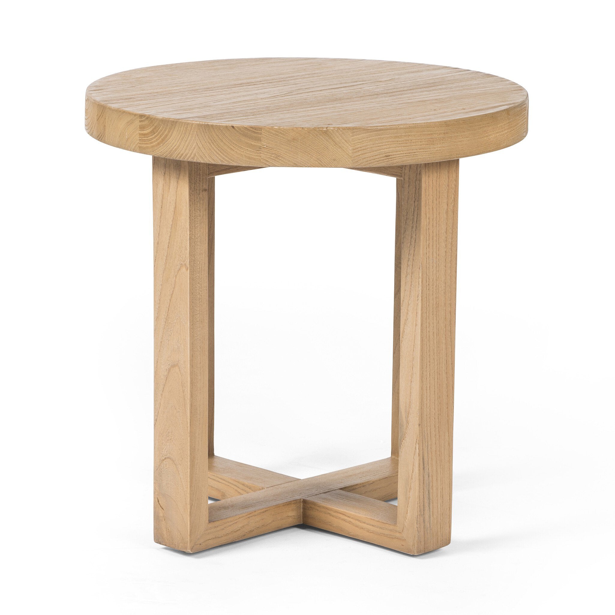 Solid natural nettlewood end table with an open cross-style base and thick, rounded table top on a white background. 