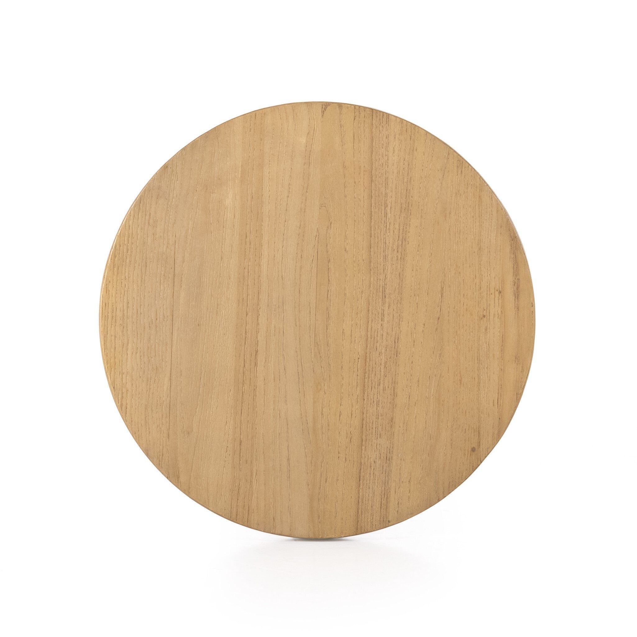 Overhead view of a solid natural nettlewood end table with an open cross-style base and thick, rounded table top on a white background. 