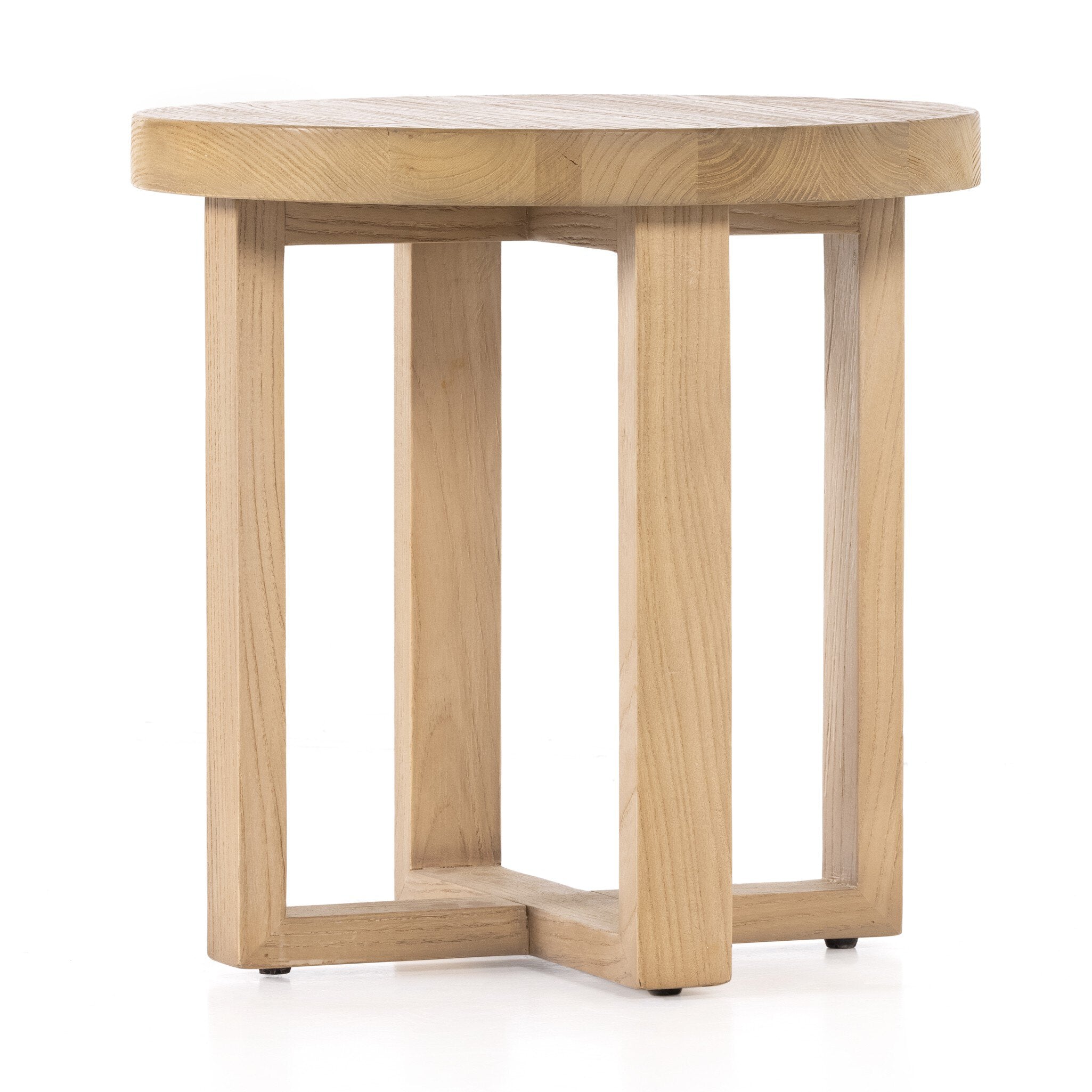 A solid natural nettlewood end table with an open cross-style base and thick, rounded table top on a white background. 