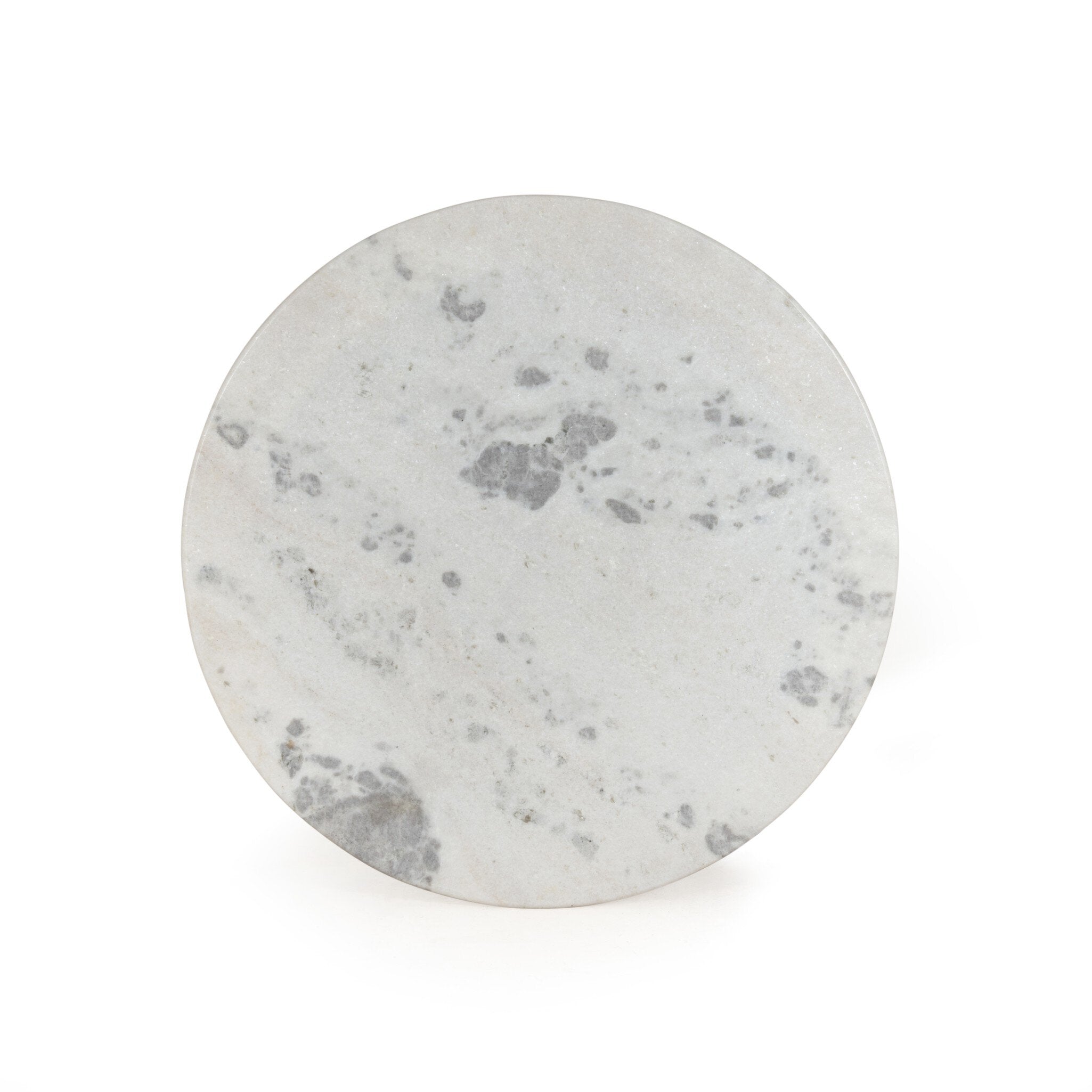 Overhead view of a round marble dining table with a black metal pedestal base on a white background.