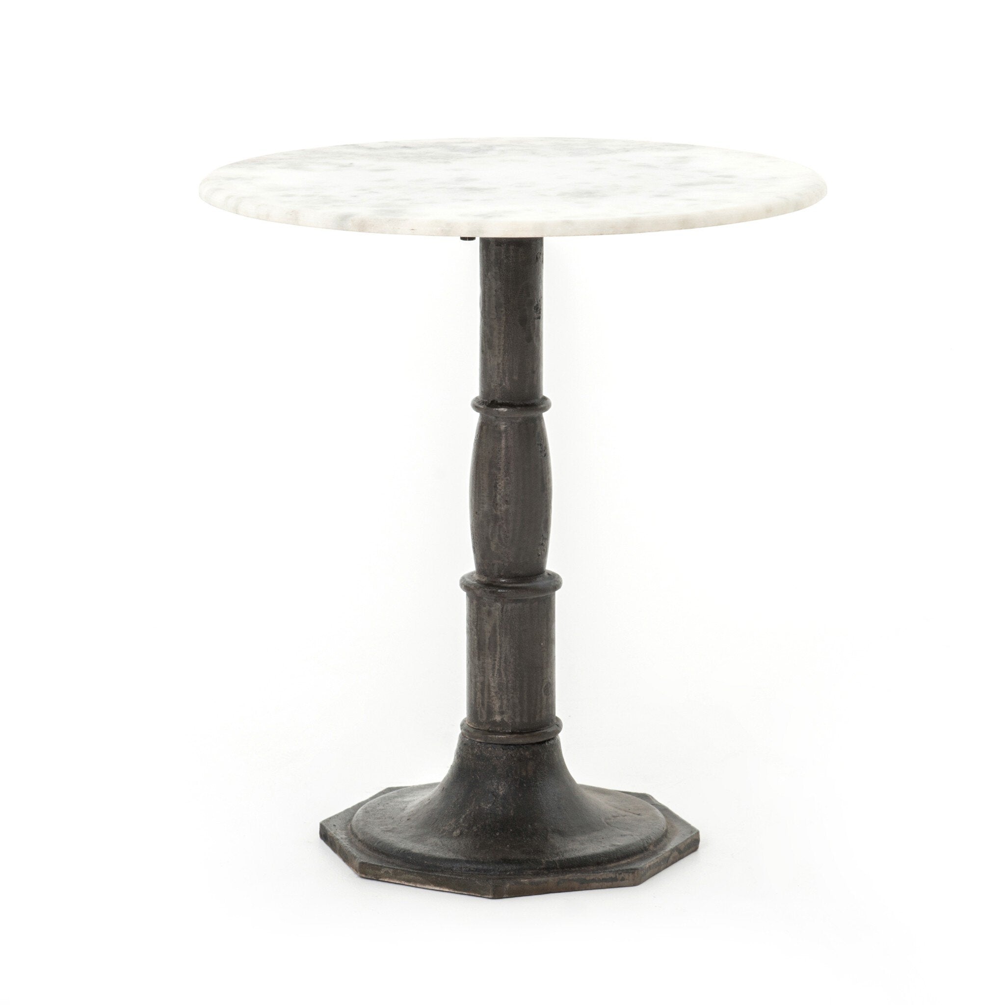 Small round side table with marble top and distressed iron base on a white background.