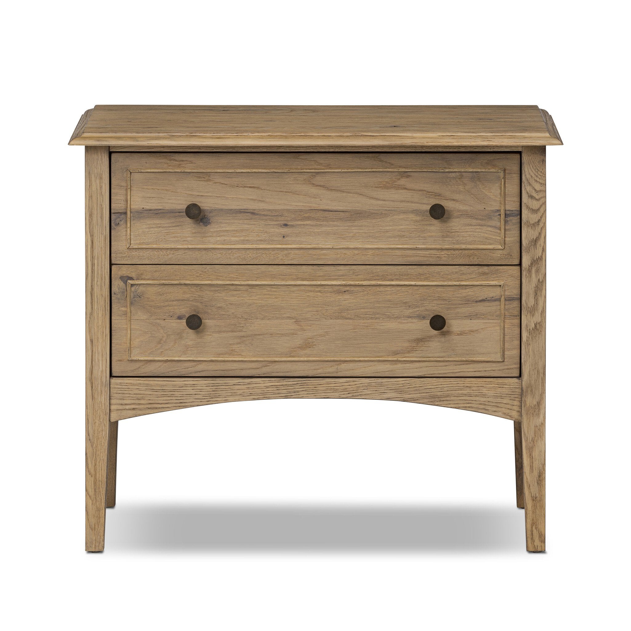 Wooden nightstand with two drawers on a white background.