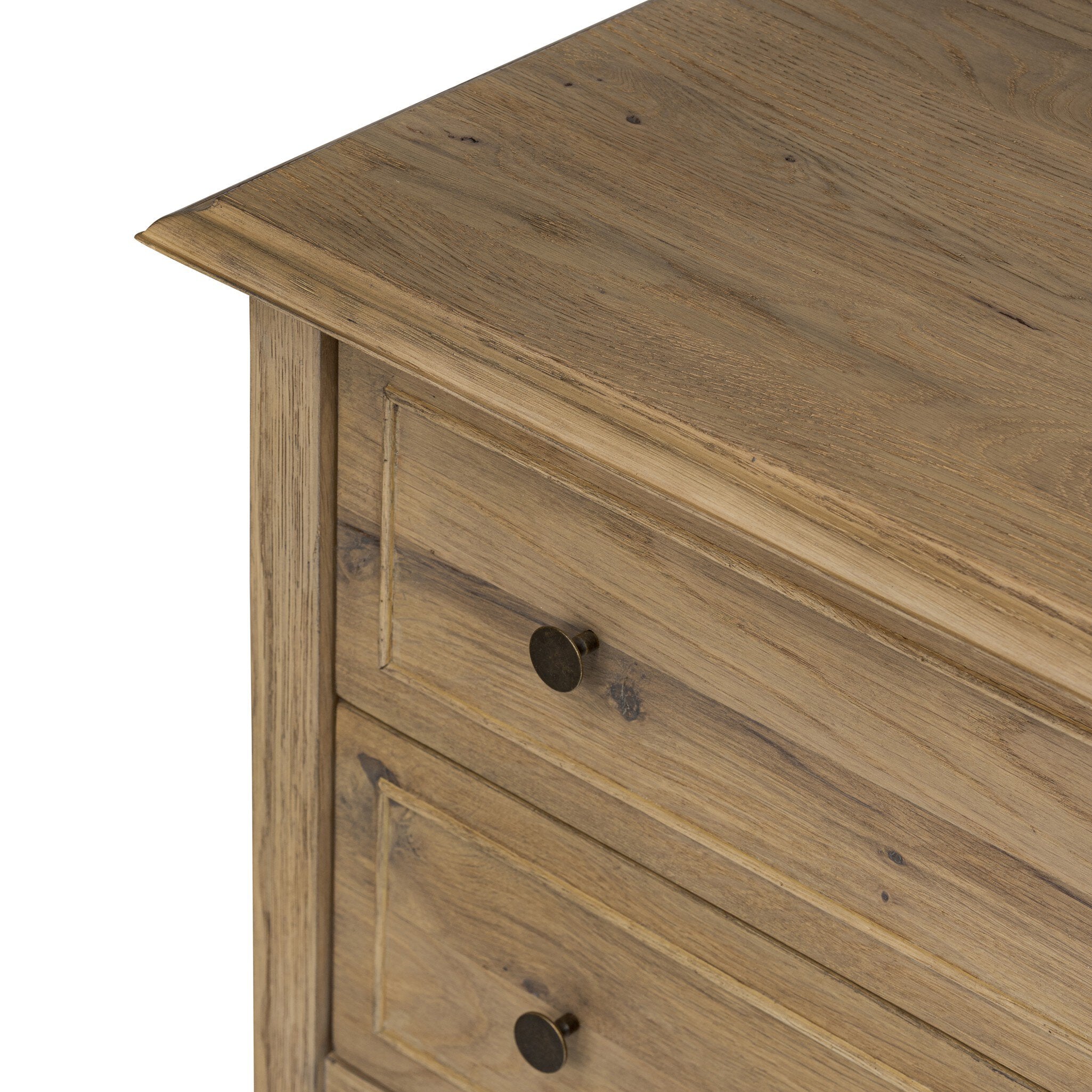 Close up of a wooden nightstand with two drawers on a white background.