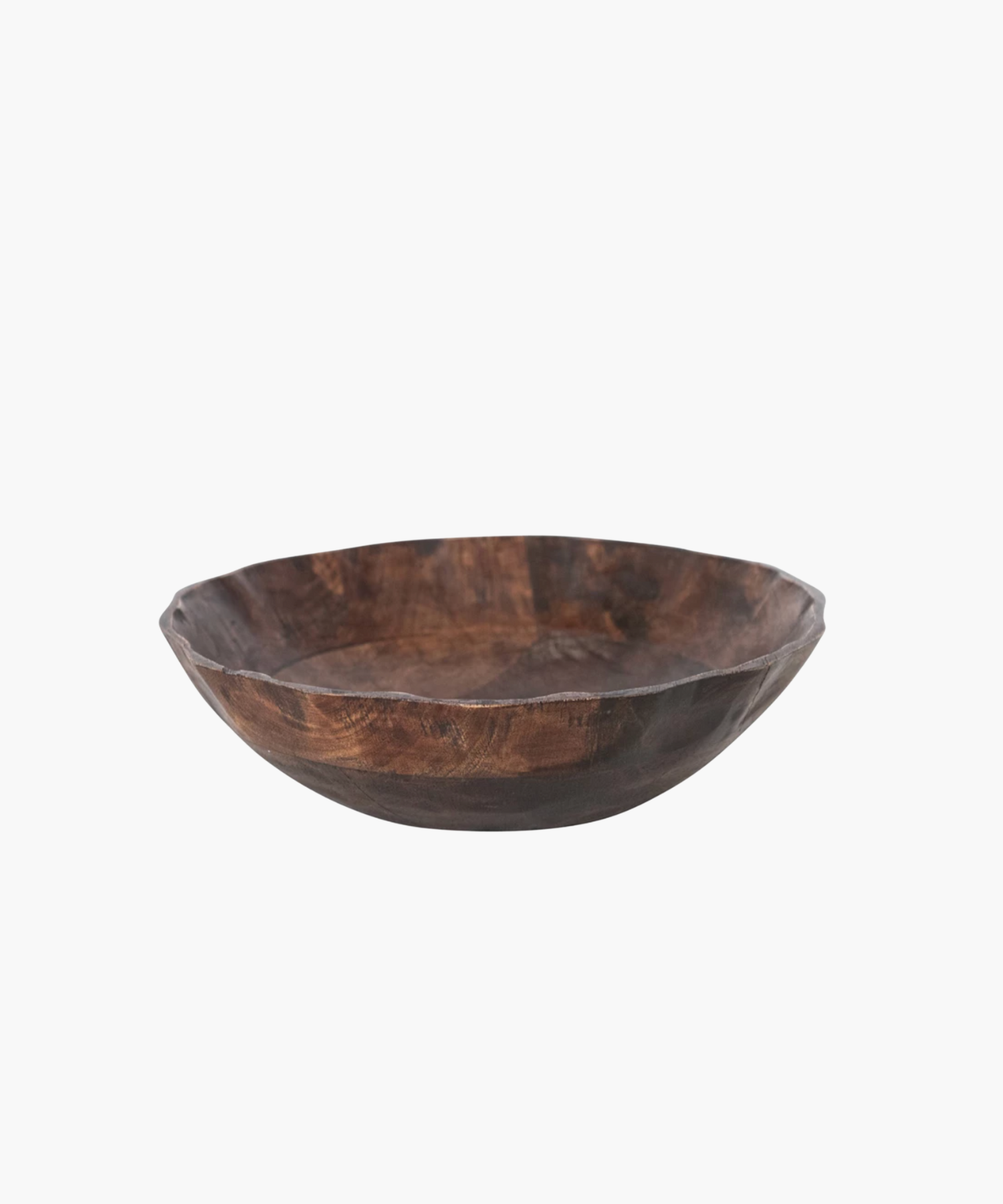 A wooden bowl with a polished surface, featuring a scalloped edge and rich brown tones conveying a warm, earthy feel.