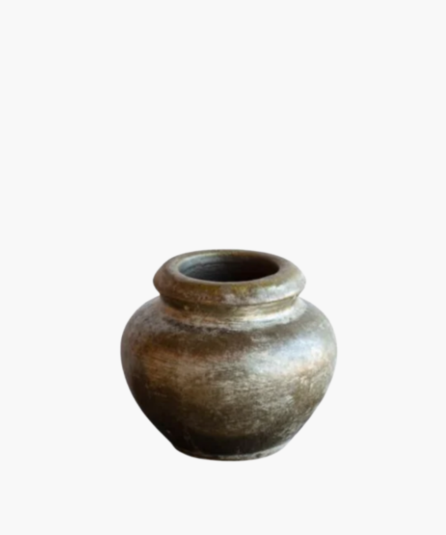 A rustic, weathered clay pot with a rounded body and a narrow opening, showcasing earthy tones and a textured surface, evoking a sense of antiquity.
