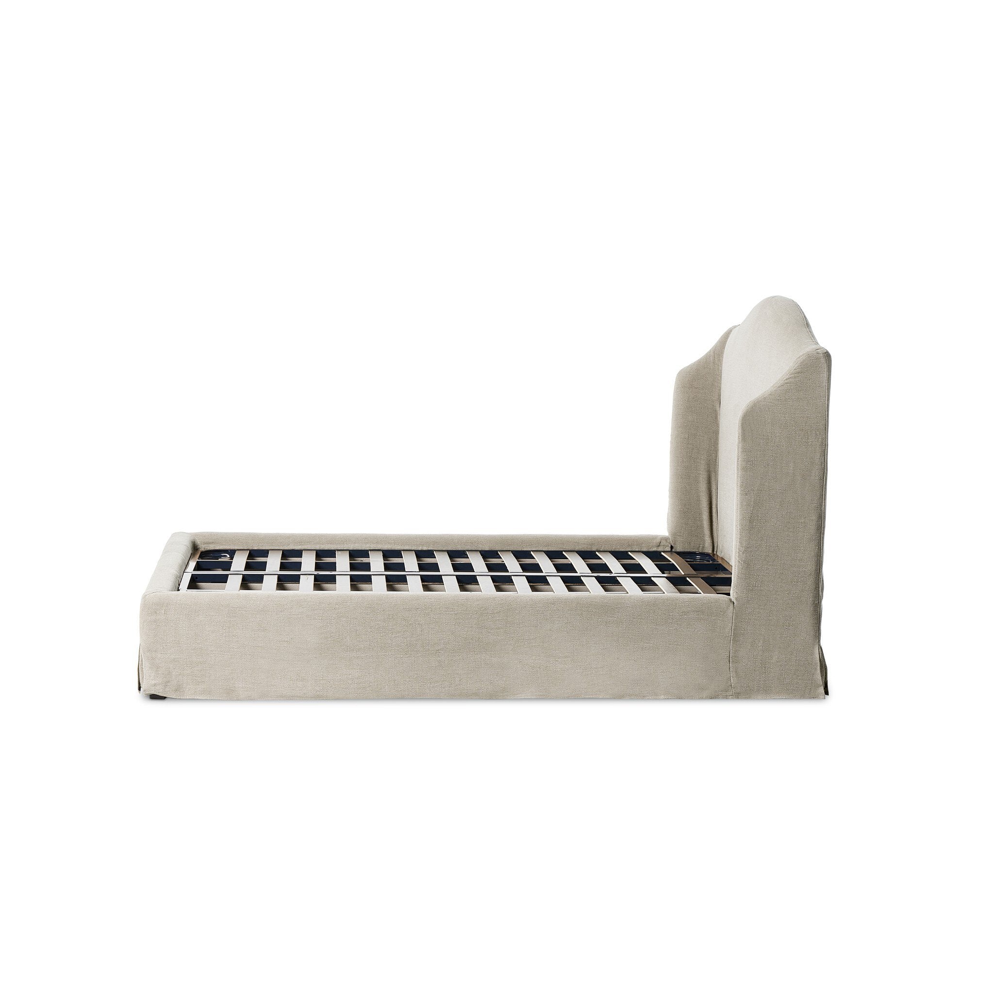 Beige upholstered bed with slats on a white background.