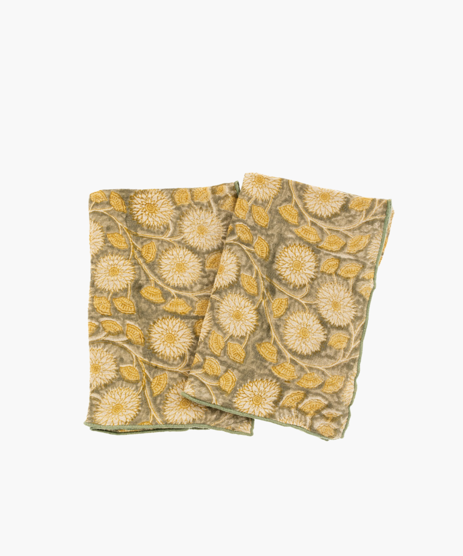 Two folded, vintage-style tea towels with a floral pattern featuring large yellow flowers and leaves on a muted green background. The tone is elegant and cozy.