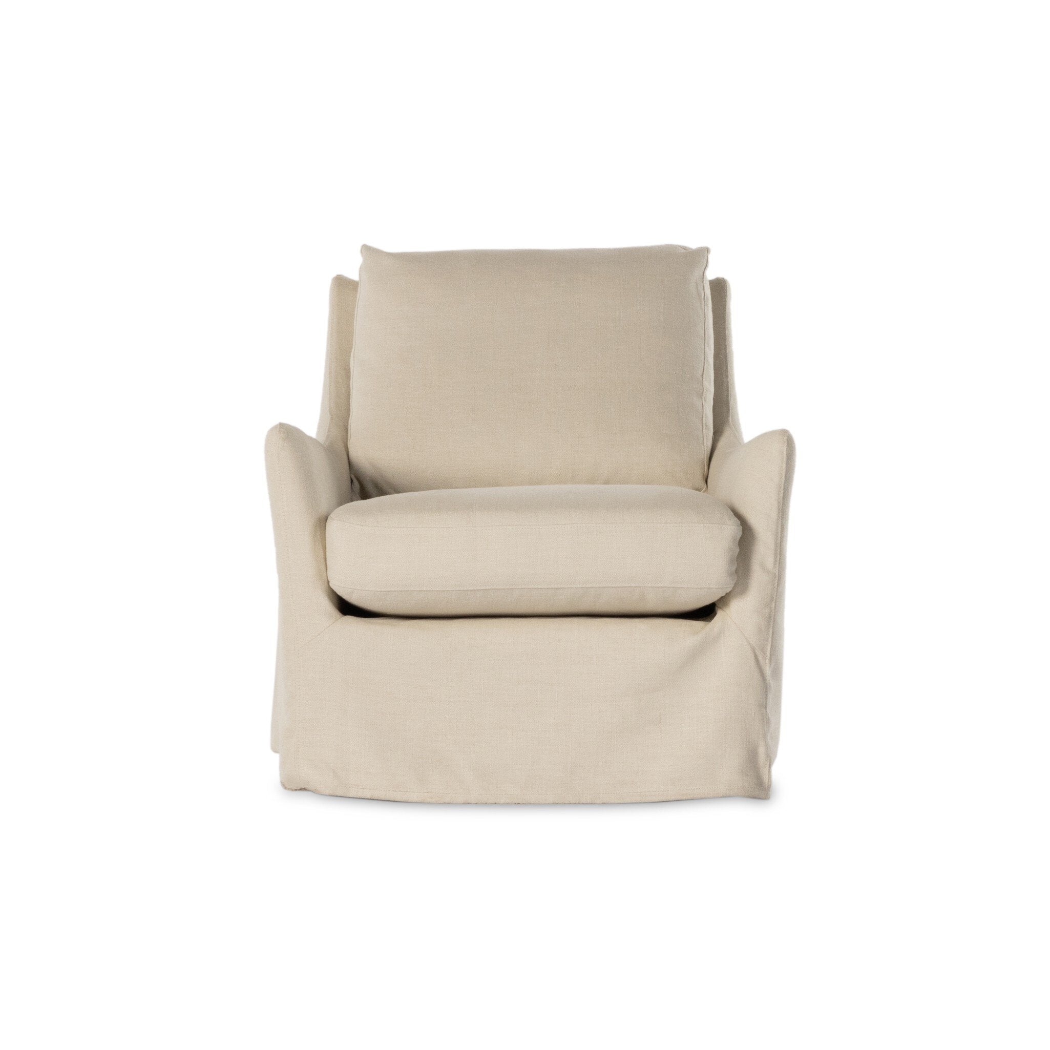 Traditional swivel chair with an ivory slipcover on a white background. 