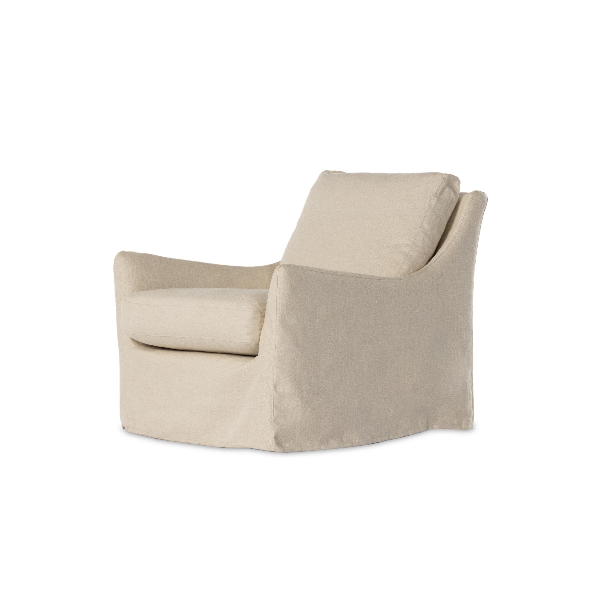 Traditional swivel chair with an ivory slipcover on a white background. 
