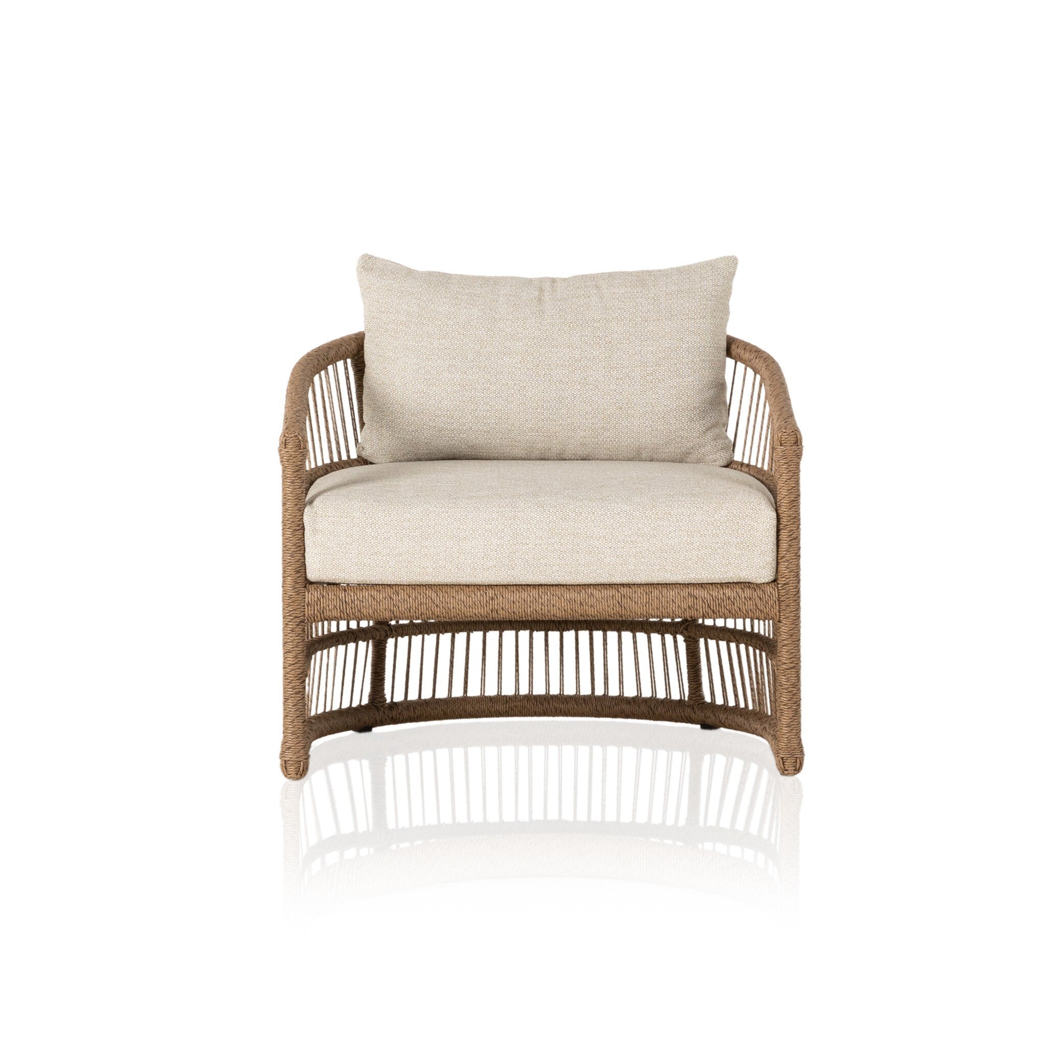 Cottage inspired outdoor chair with wrapping and texture along with beige colored upholstered cushions on a white background. 