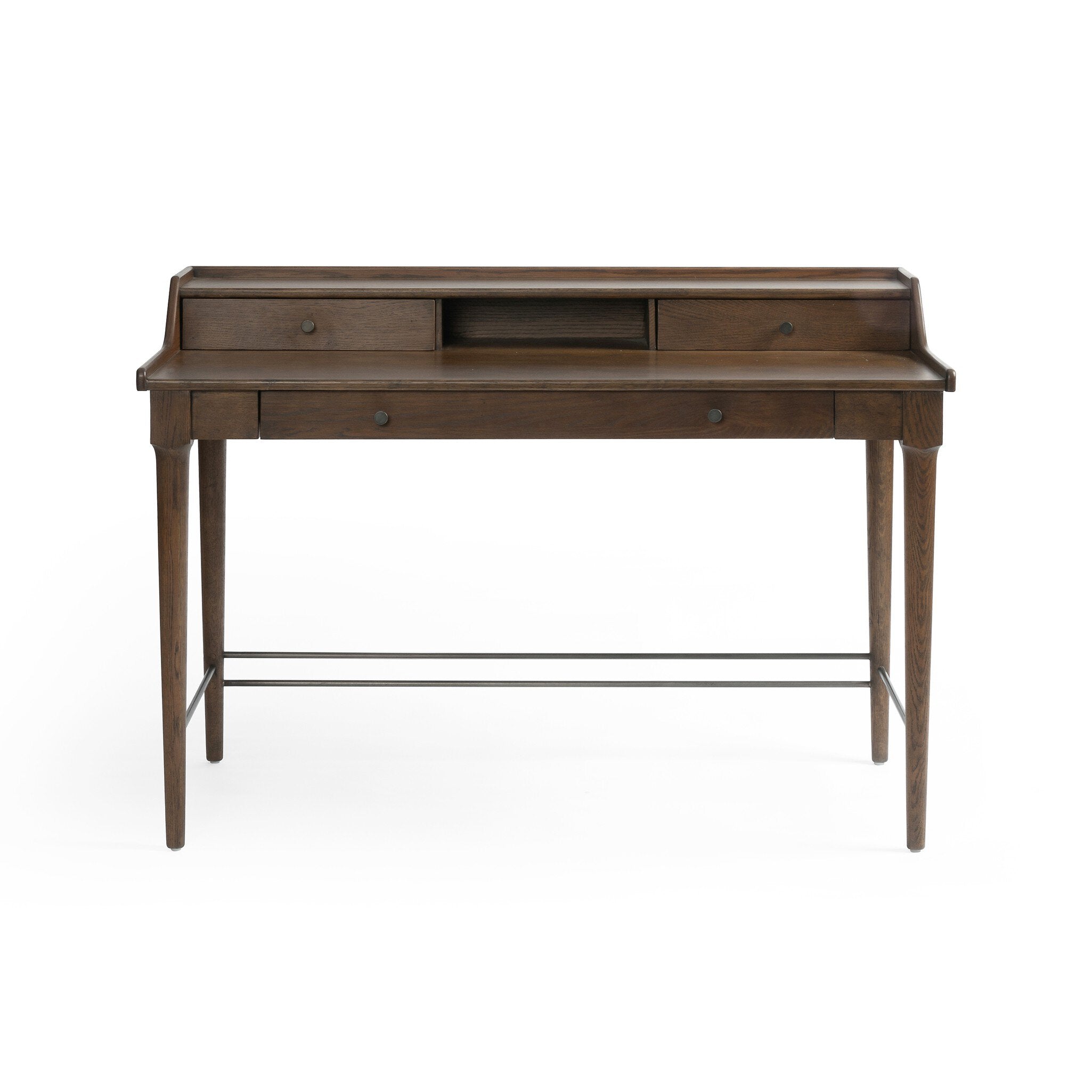 Wooden desk with drawers on a white background.