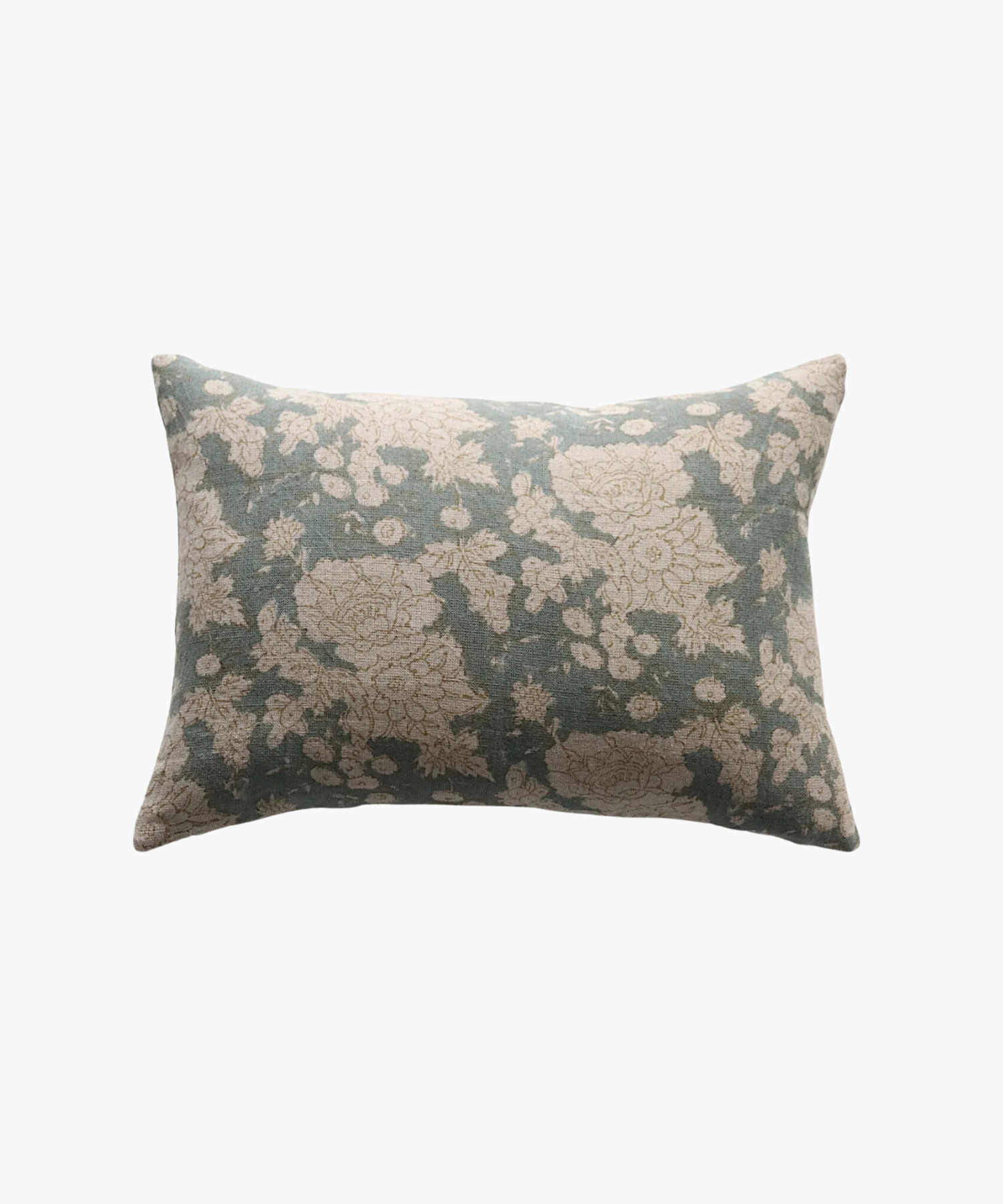 A rectangular lumbar pillow with a vintage floral pattern featuring beige flowers on a muted teal background. The design exudes a calm and classic feel.