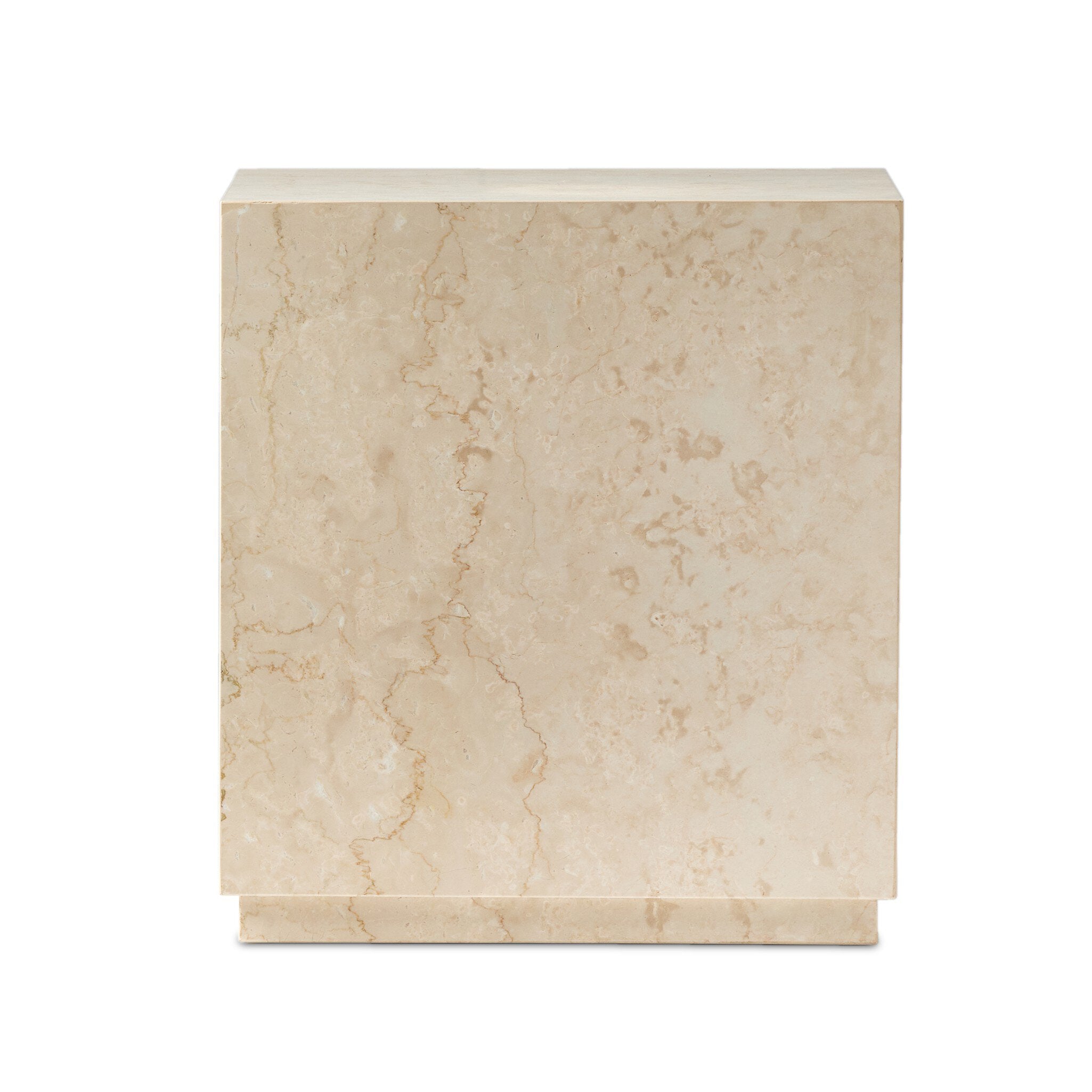 Square beige marble end table with a plinth base on a white background.