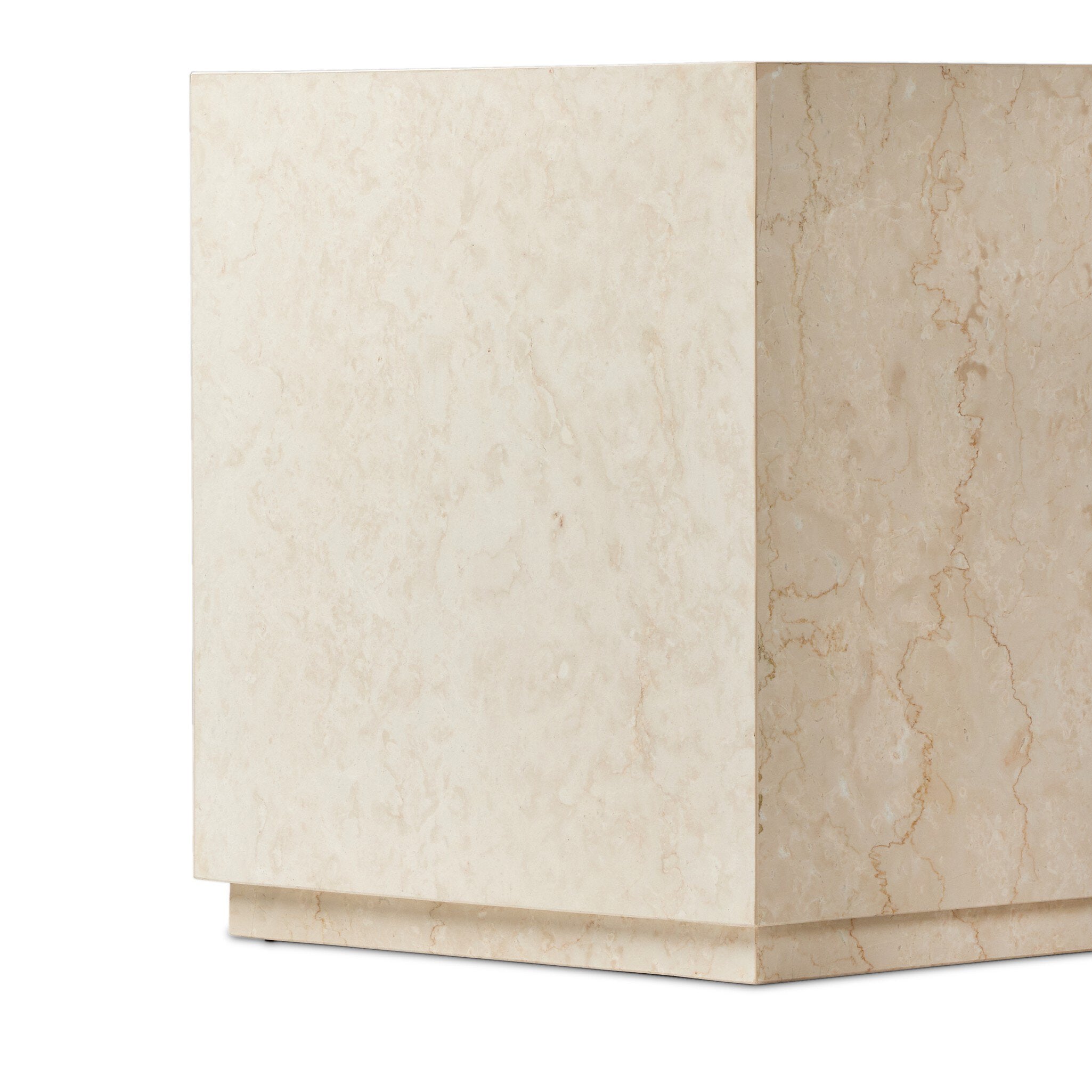 Square beige marble end table with a plinth base on a white background.