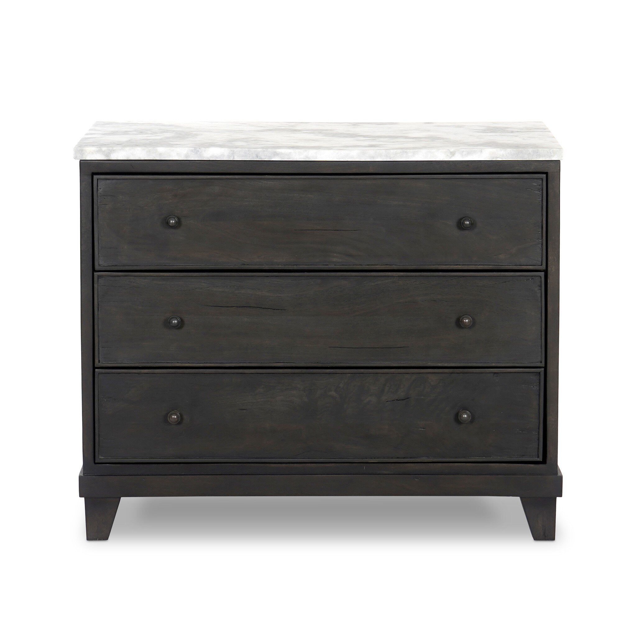 Dark wood stained nightstand with three drawers and a marble top. 