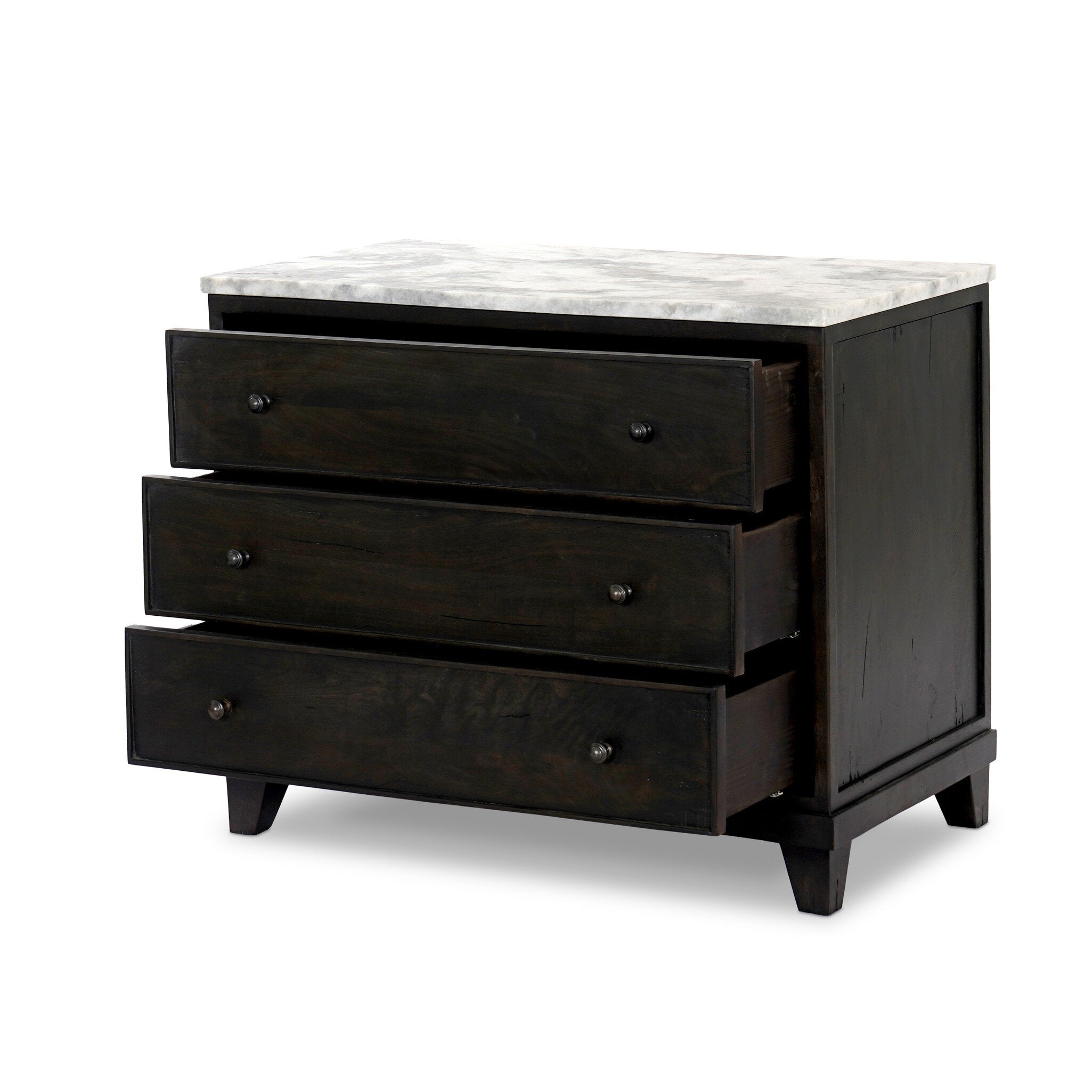 Dark wood stained nightstand with three drawers and a marble top. 