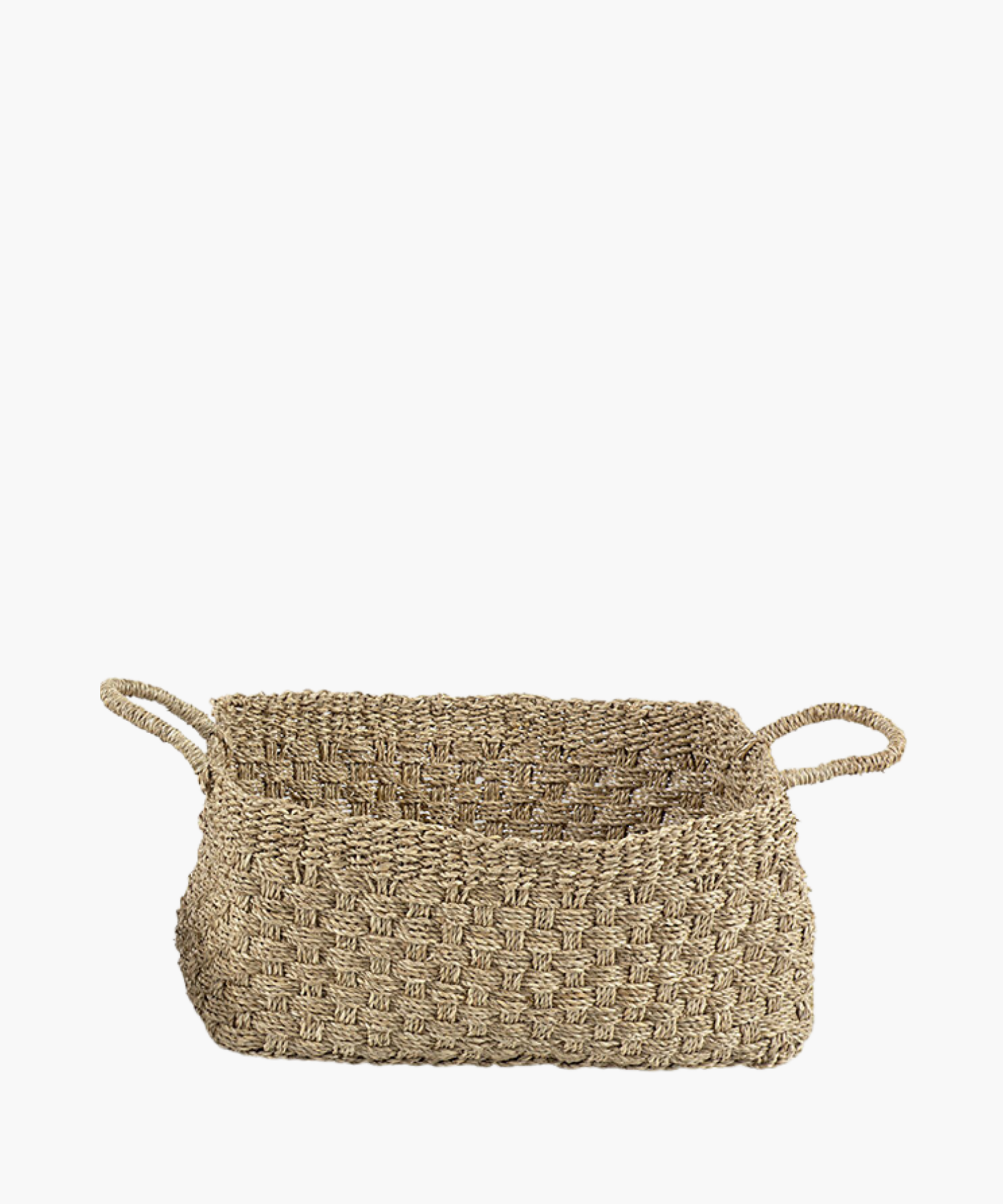 A rectangular seagrass woven basket with two looped handles, made of natural fibers in a textured, checkerboard pattern. The tone is earthy and rustic.