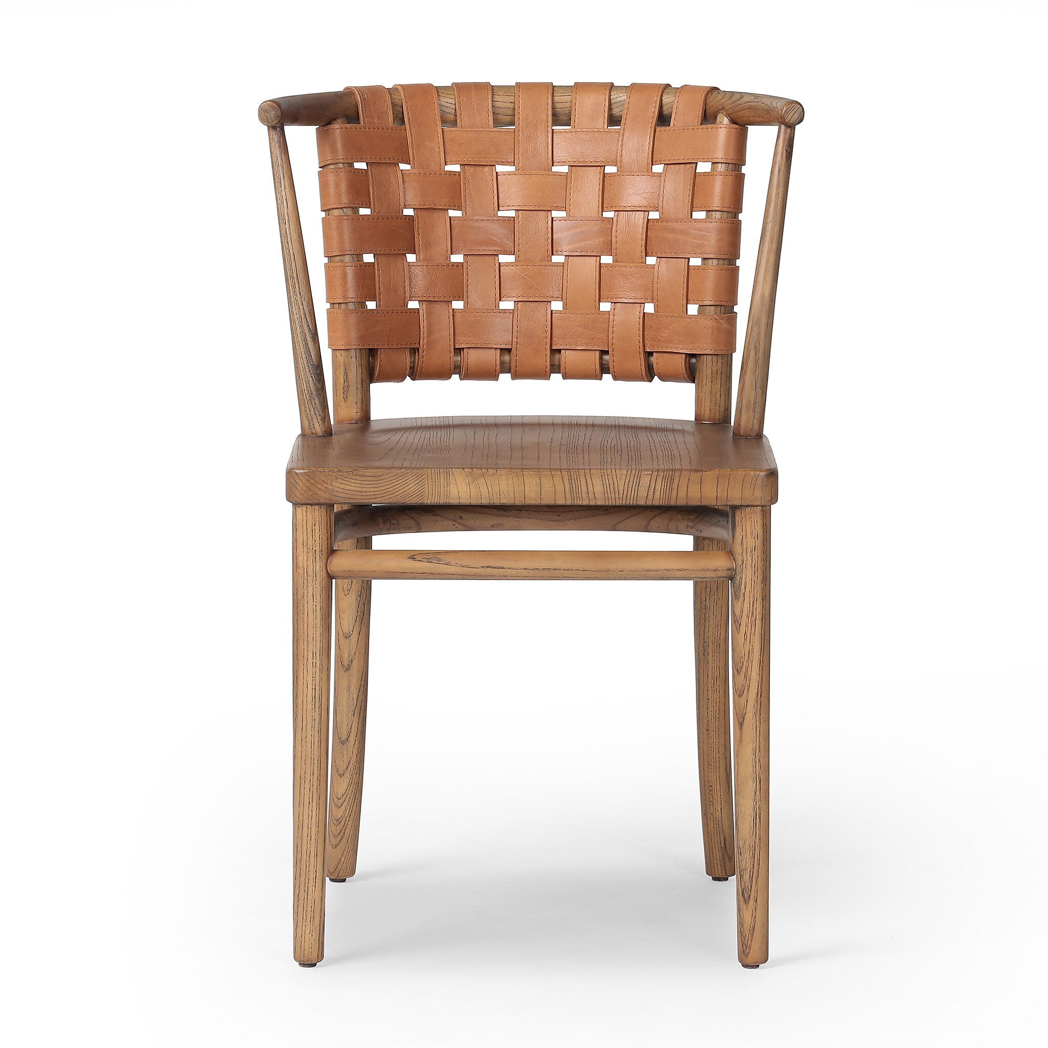 Wooden dining chair with barrel seatback of woven leather on a white background.