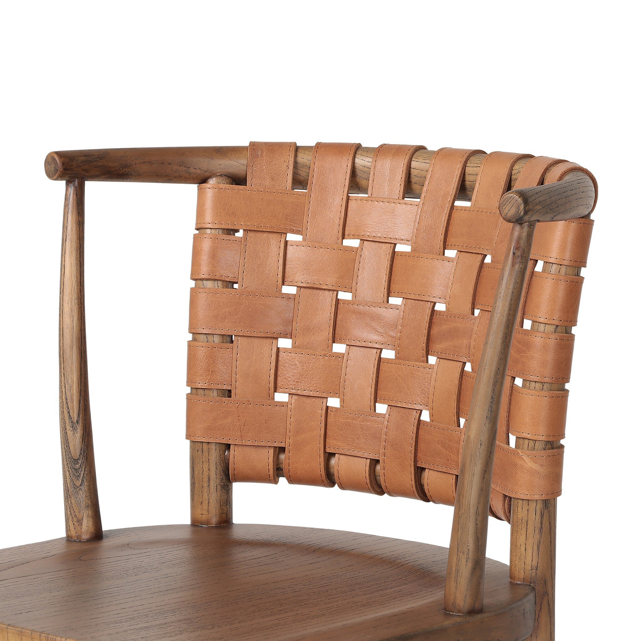 Wooden dining chair with barrel seatback of woven leather on a white background.