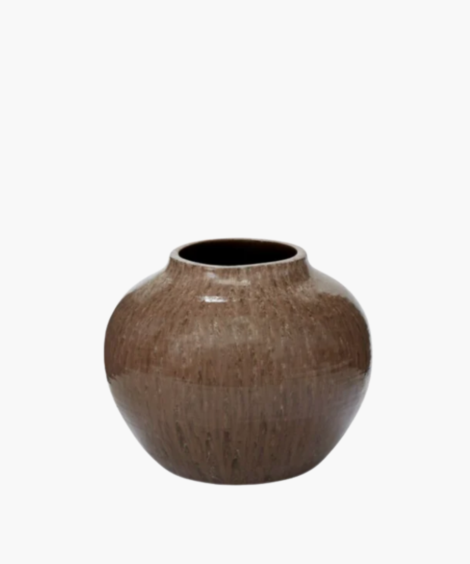Brown ceramic vase with a glossy finish and a round, wide body. Vertical ridges create texture, adding a rustic and elegant appearance.