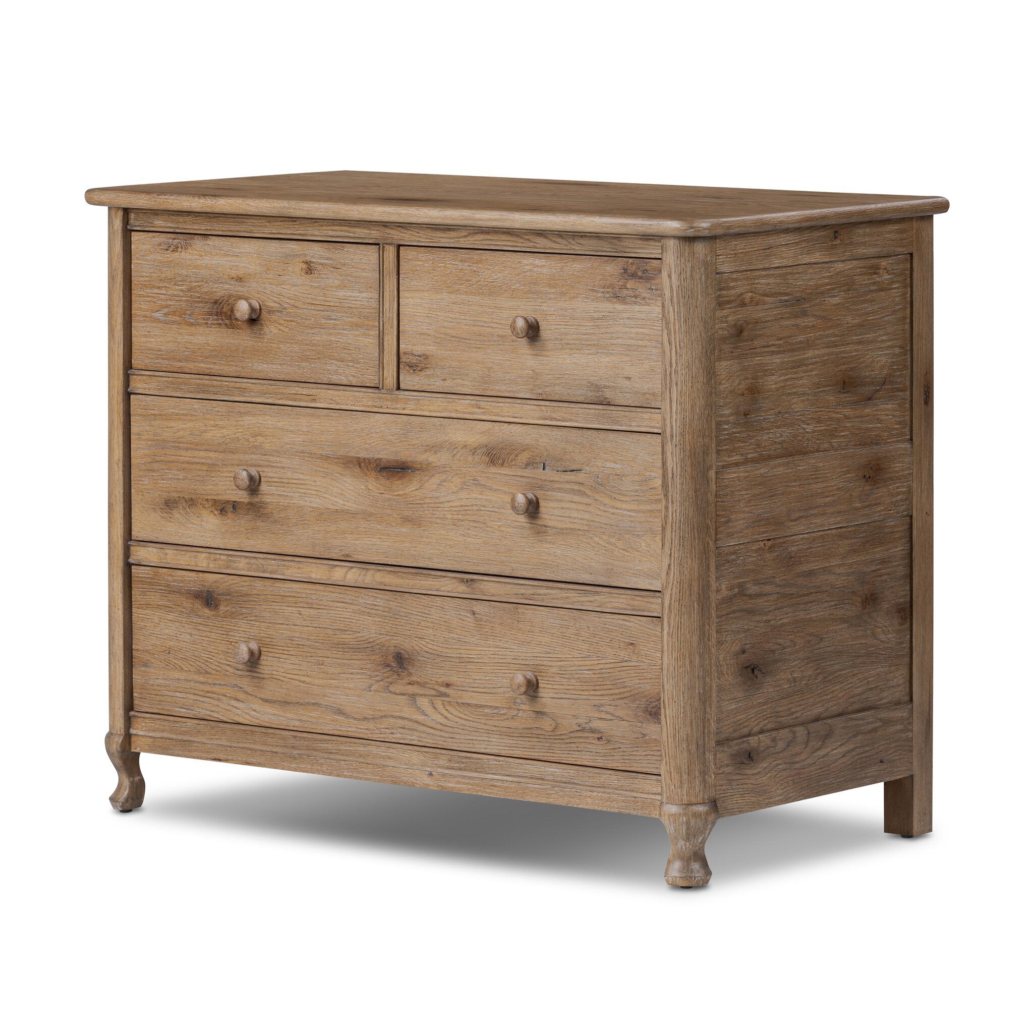 Wooden dresser with four drawers on a white background.