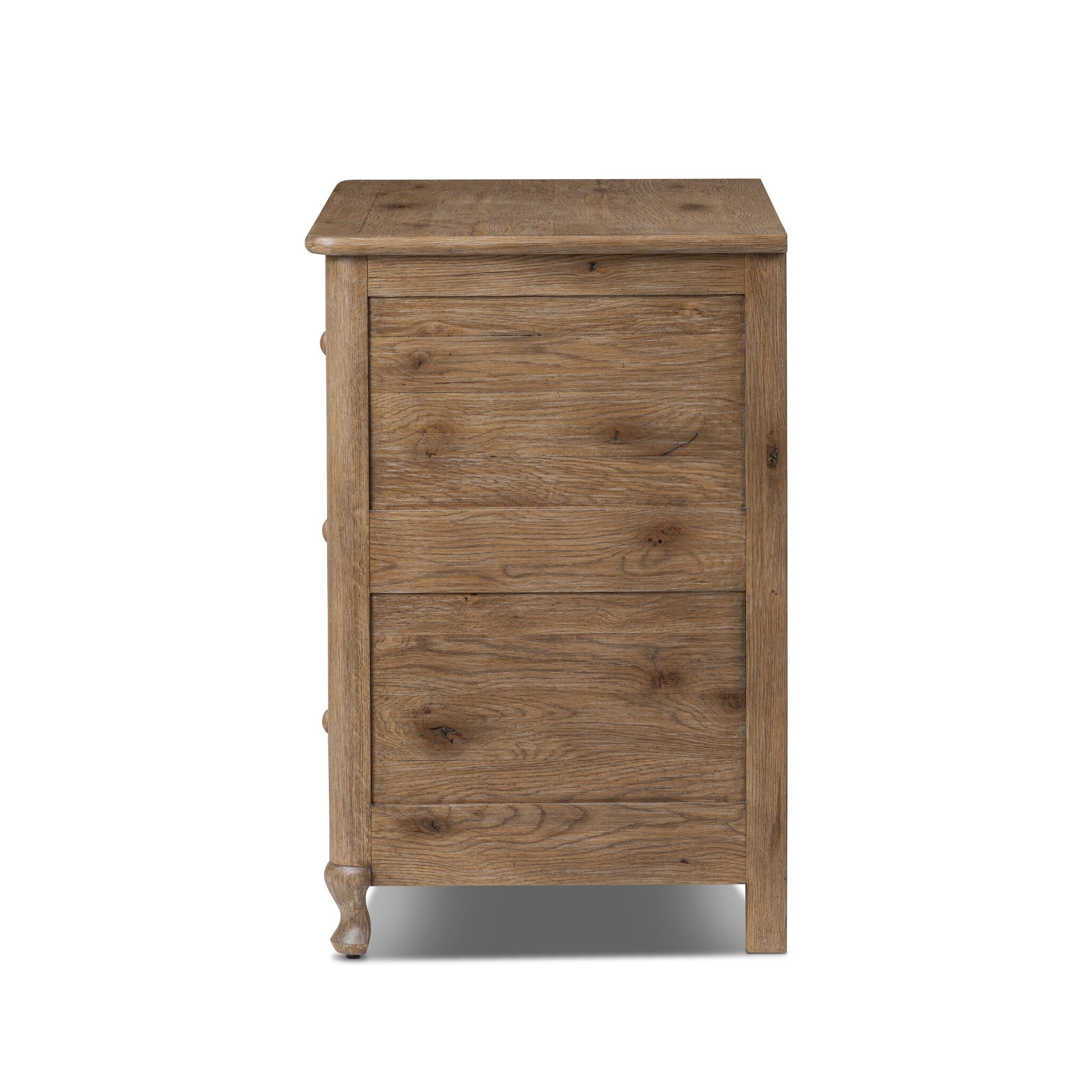 Side profile of a wooden dresser with four drawers on a white background.