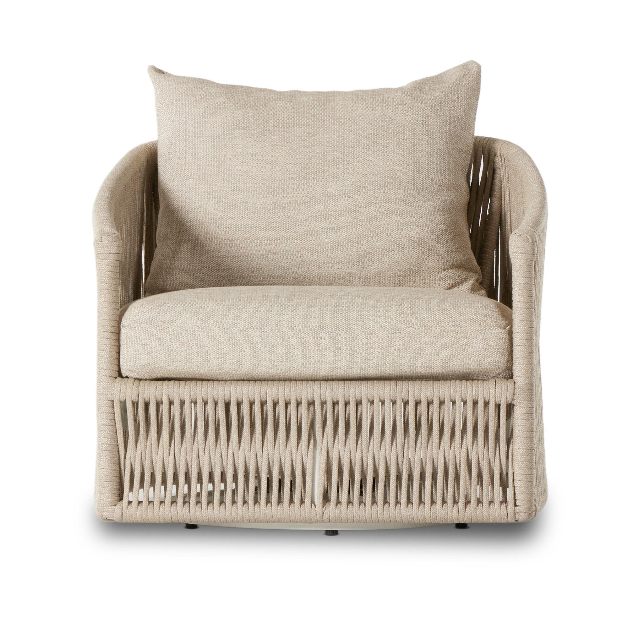 A rope based-designed swivel chair in a sand color with a wide cushion and throw pillow on a white background. 