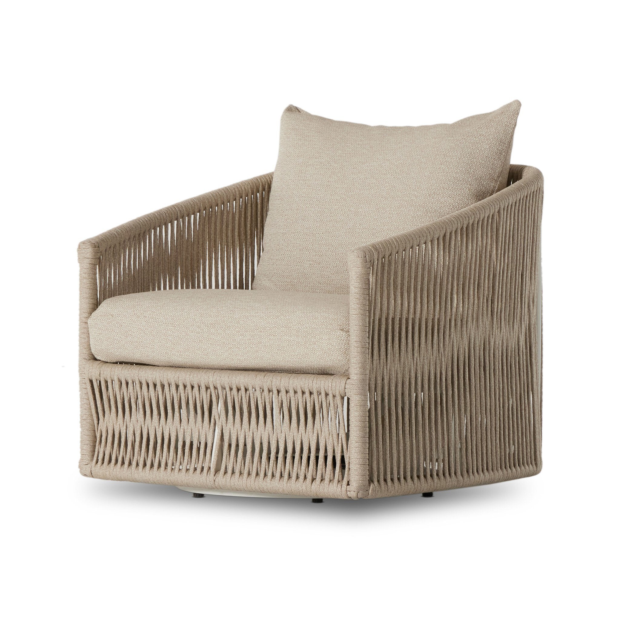 A rope based-designed swivel chair in a sand color with a wide cushion and throw pillow on a white background. 